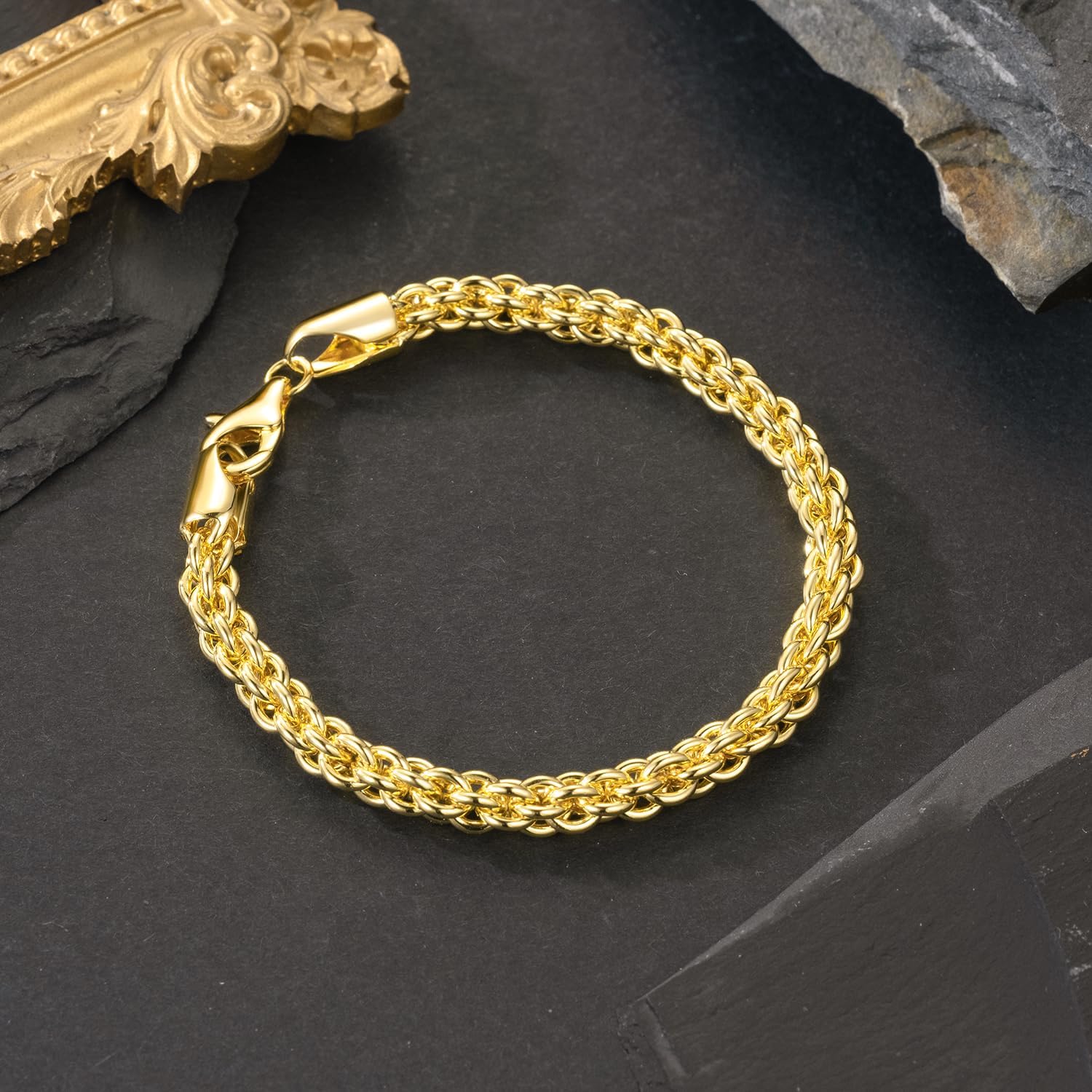 FEGER 14K Gold Rope Chain Bracelet for Women and Men Non-Tarnish Available in 5 Sizes (6.5-8.5in)