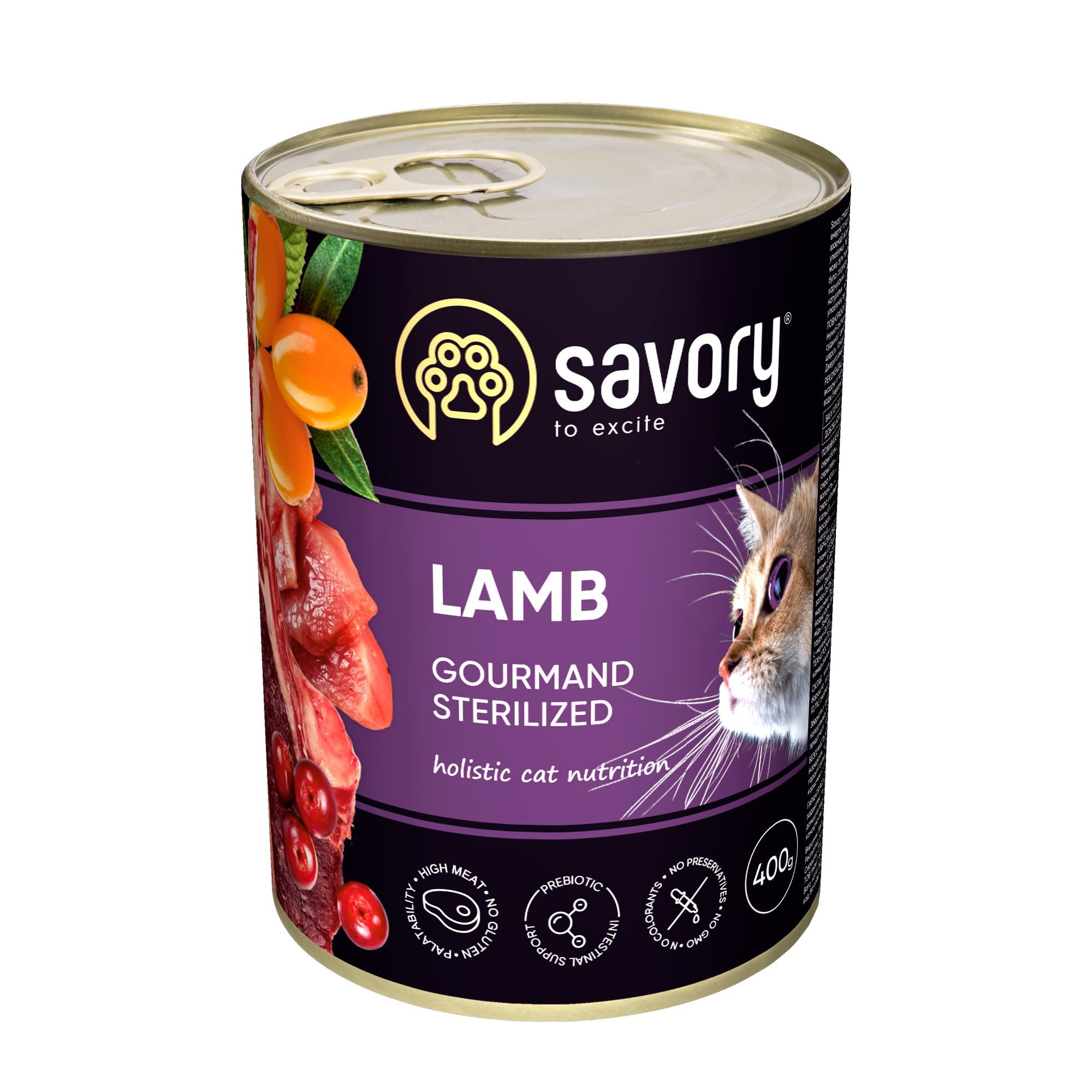 Savory - Comida húmeda para Gatos - Comida húmeda para Gatos - para Gato Adulto esterilizado - Cordero - trozos de Carne Blanda, con taurina, vitaminas E, D3, Zinc - 24-Paquete (24x400 g)