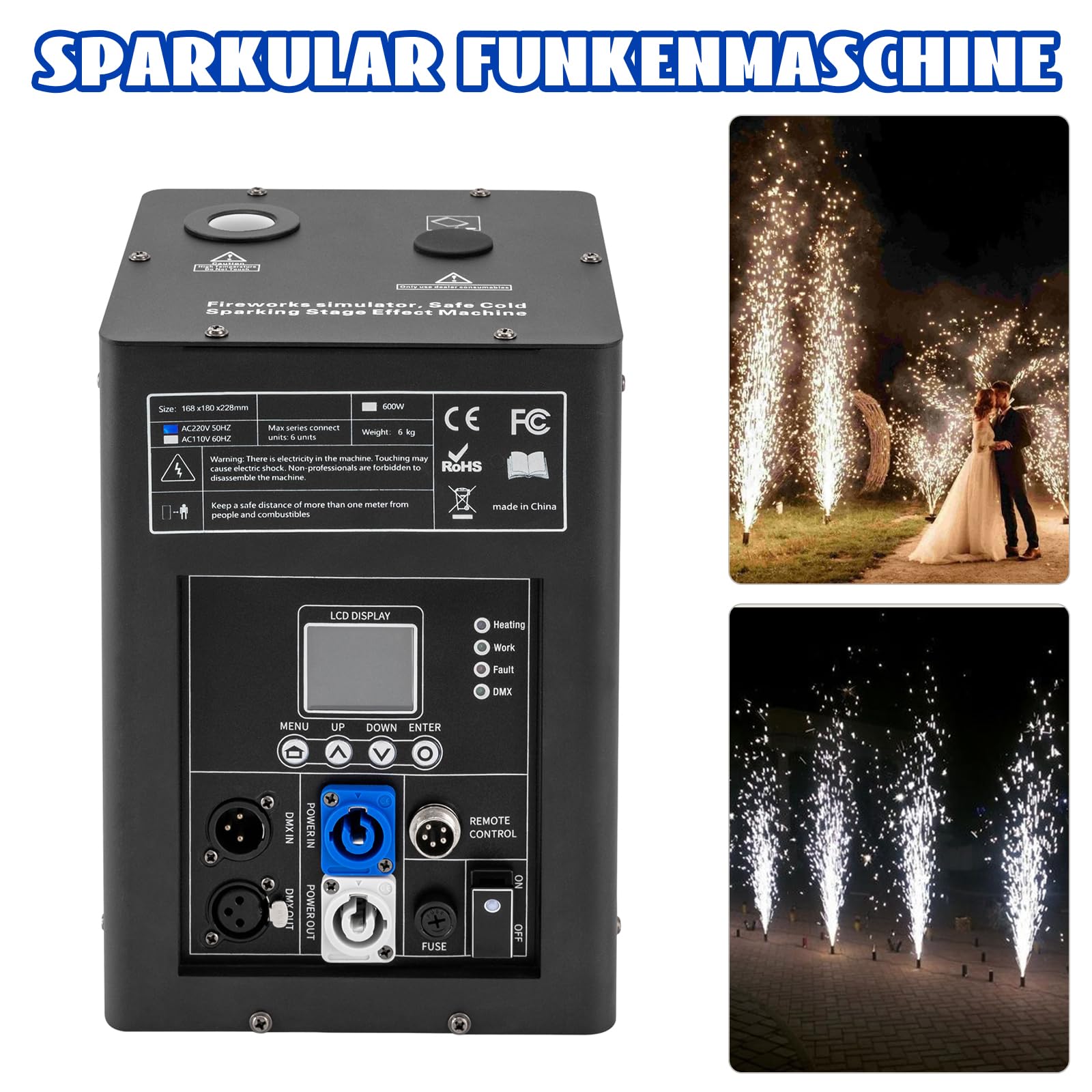 Bühneneffektmaschine 600W DMX Funkenmaschine | Drahtlose Fernbedienung | Schwarzes Metall | 2-5M Sprühhöhe | für Hochzeit, Party | Deutsche Anleitung