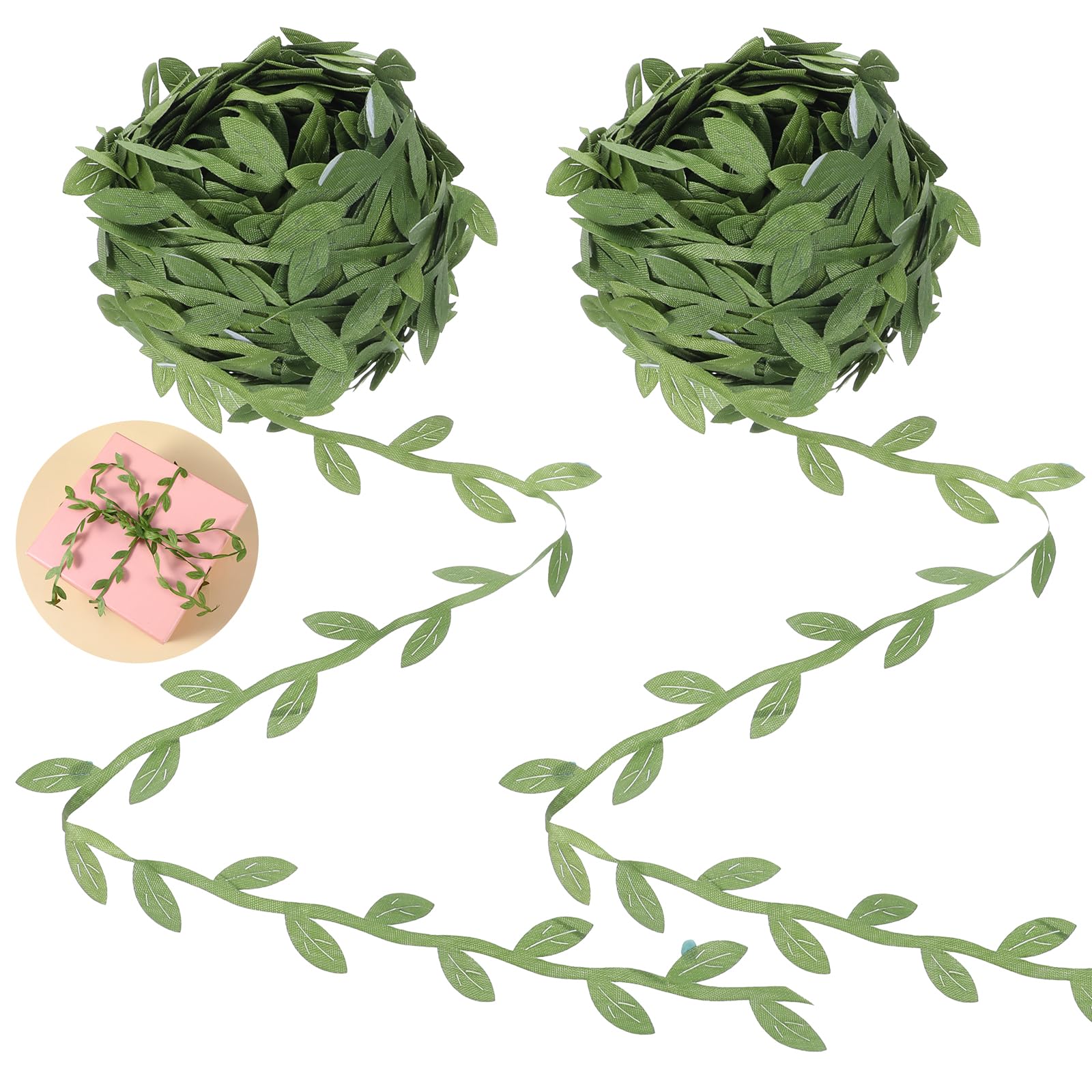 DOPENSPI 131ft Green Leaf Ribbon, Artificial Vines Leaf String Trim Ribbon Green Leaves Jungle Greenery for DIY Craft Party Baby Shower Wedding Wreaths Home Decoration Garland Christmas(40m)