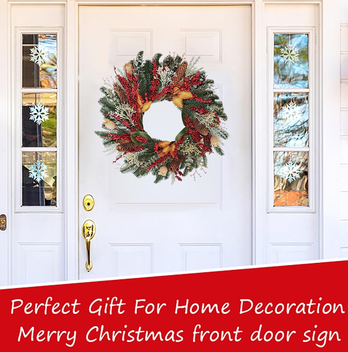 24" Christmas Wreaths for Front Door, Various Red Berries & Magnolia Leaves Pinecones Winter Xmas Wreath Outdoor Holiday Decor, Fall Door Wreath for Farmhouse Front Porch Wall Window - Image 7