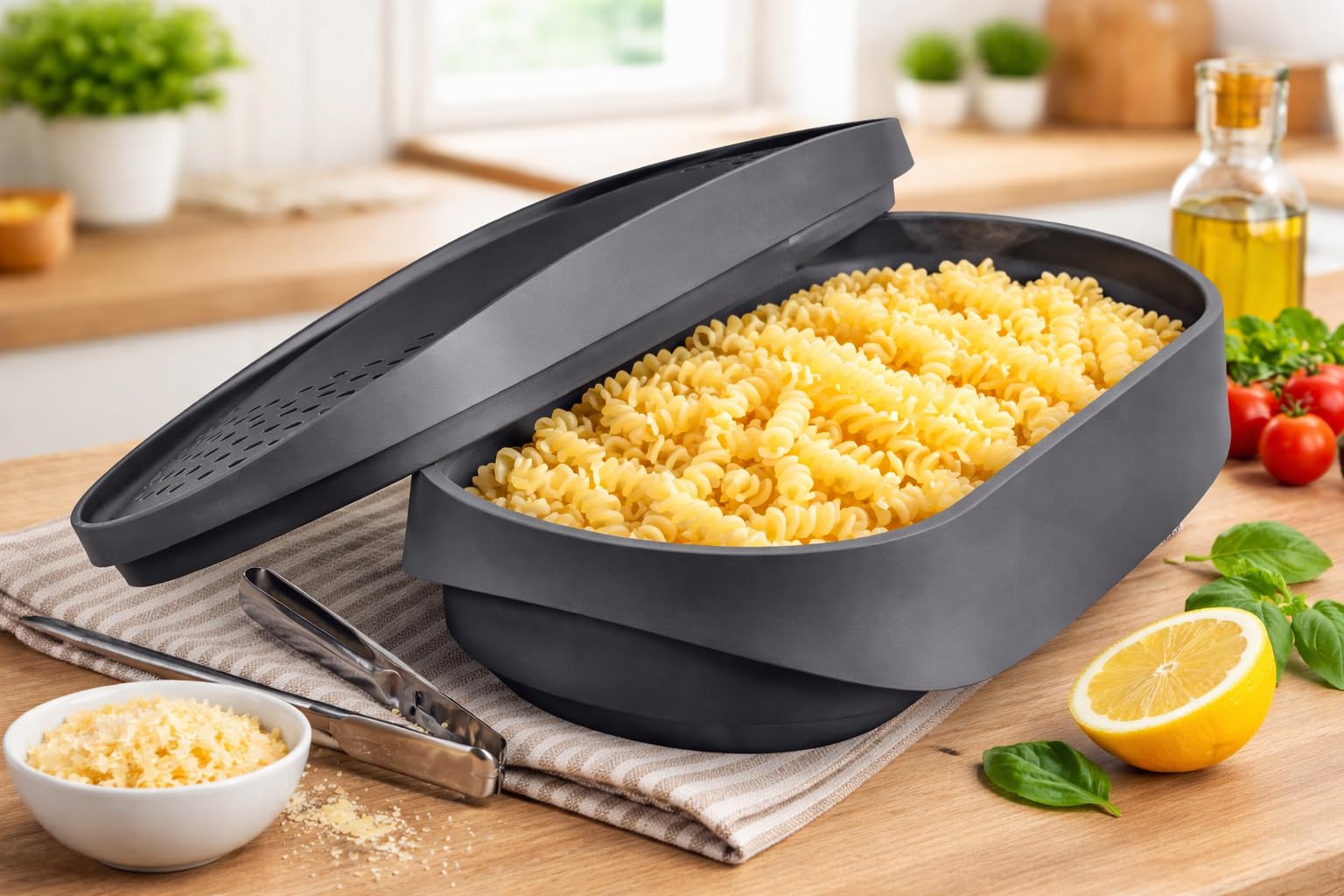 GION Silicone Pasta Cooker Microwave Container | Spaghetti Noodle Maker with Strainer Lid | Heat Resistant BPA Free-image-21