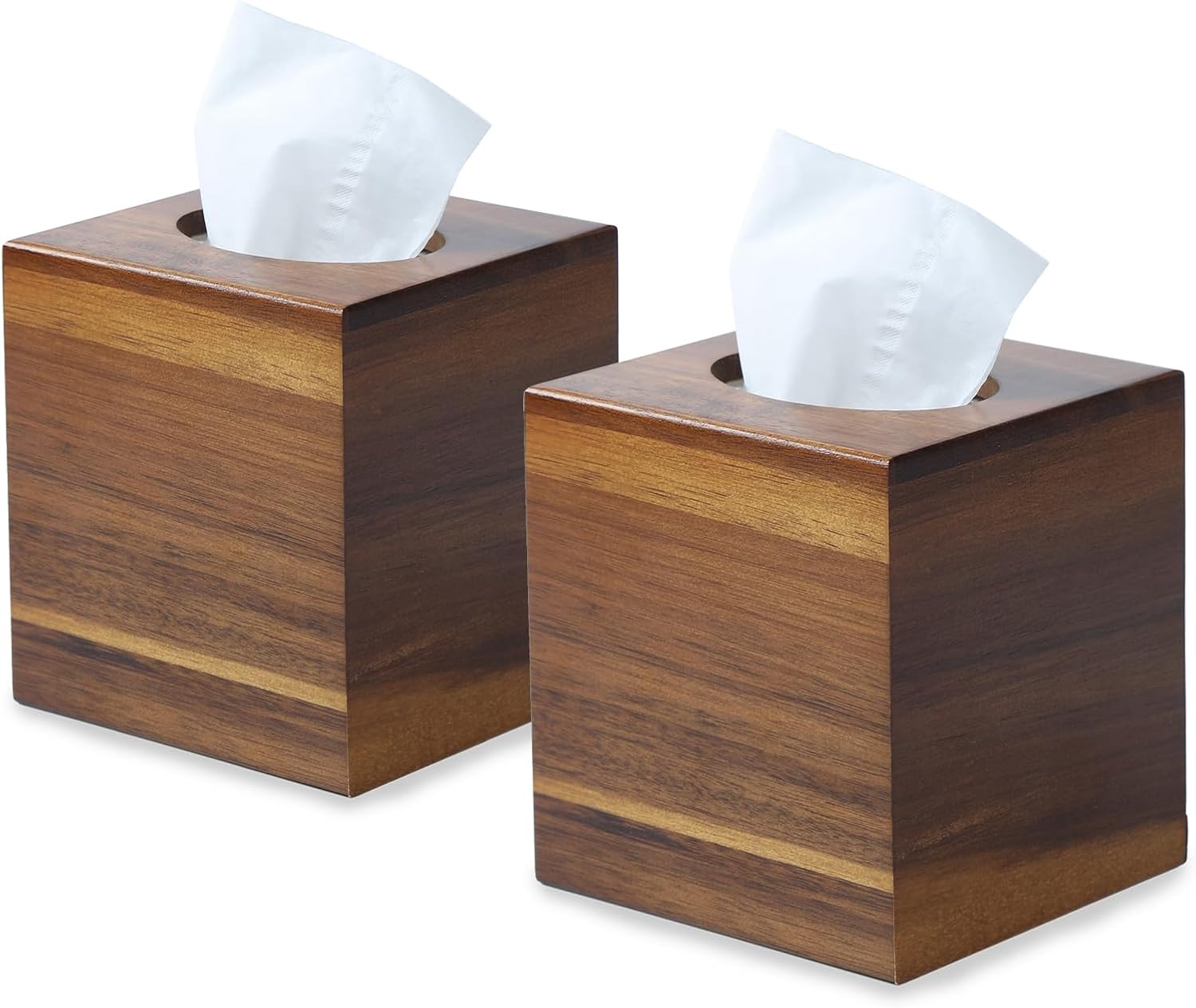 2 Pack Acacia Wood Tissue Box Cover, Square Wooden Tissue Holder for Bathroom, Living Room, Dining Table, Decorative Cube Facial Tissue Box Cover, 5.3 x 5.3 x 5.9 inches