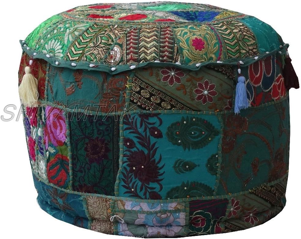 Mango Gifts Handmade Embroidered Patchwork Ottoman Pouf Cover Footstool Cover (Without Filler) 45cmx35cm (Green)