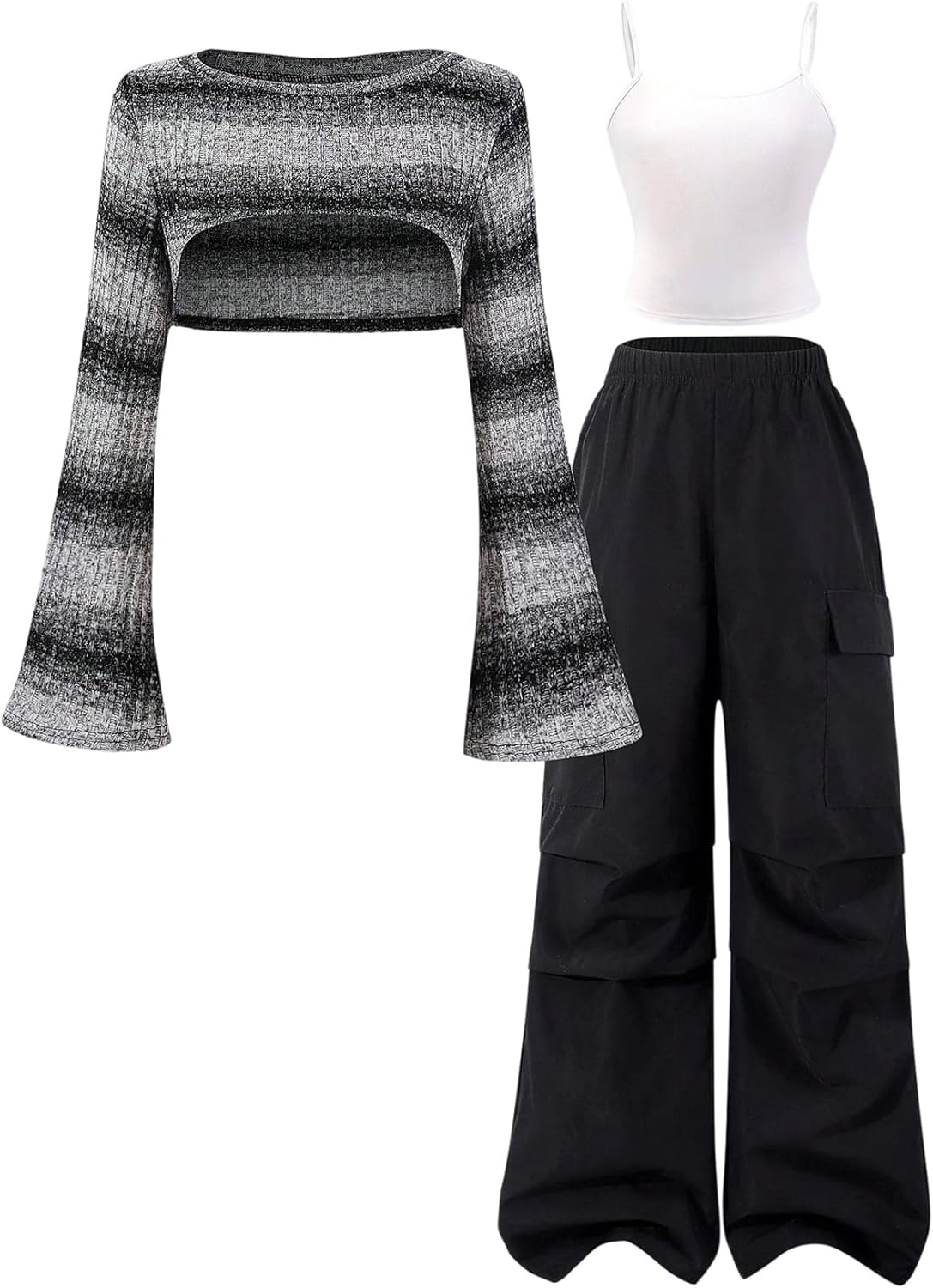 Girl's 3 Piece Outfits Camisole Tops and Cargo Pants with Gradient Cropped Tshirts Fall Clothing Set