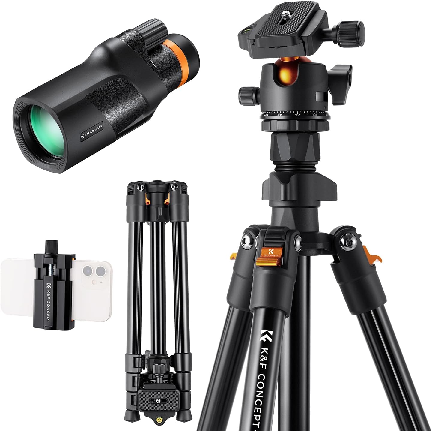 K&F Concept 64 inch/163cm Camera Tripod with 12X50 Monocular Telescope，Lightweight