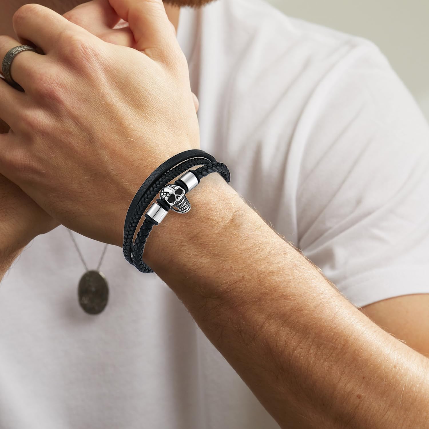 Mens Skull Leather Bracelet Black/White Punk Cuff Bangle Stainless Steel Skull Gifts for Men - Image 2