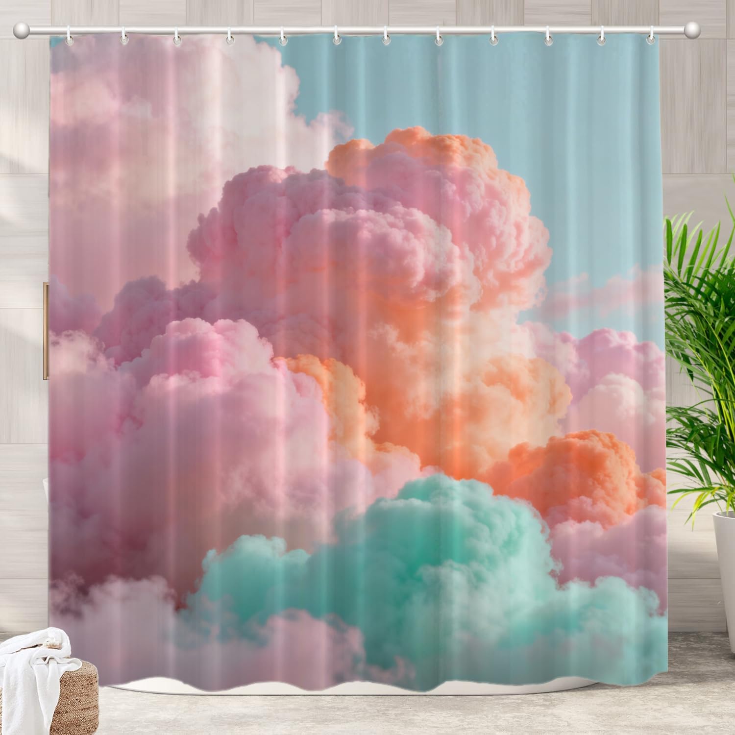 Batmerry Sun Cloud Pastel Decorative Shower Curtain, Pastel Rainbow Pink Blue Yellow White Colorful Cute Long Wide with Rust Proof Grommets for Bathroom Waterproof Washable