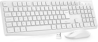 Wireless Keyboard and Mouse Set, Full Size Wireless Keyboard Ergonomic Design & Quiet USB Cordless Mouse Combo UK Layout, 12 Multimedia Shortcuts for Windows Computer PC Laptop Desktop,White