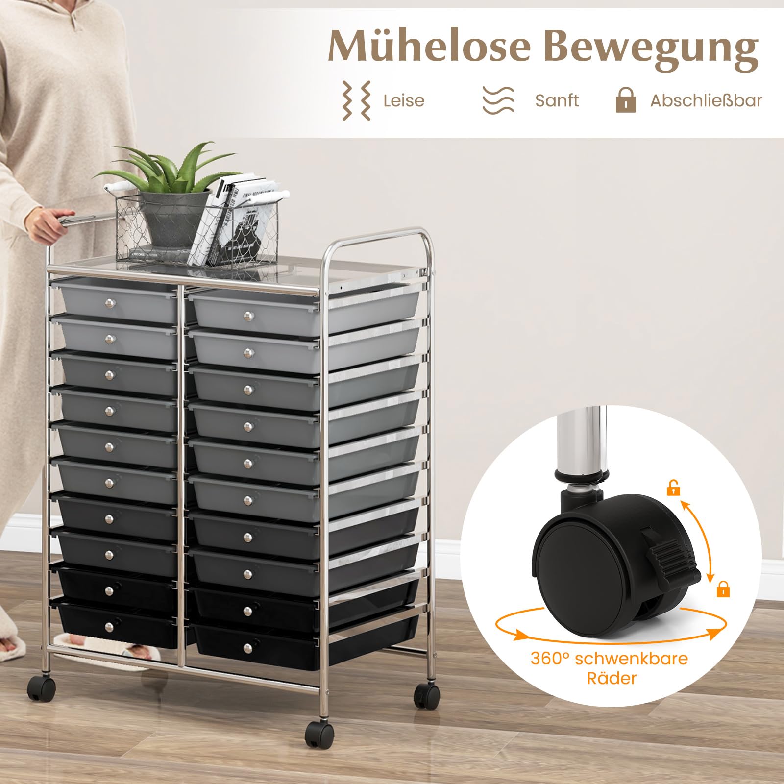 COSTWAY Rollwagen mit 20 stapelbaren Schubladen, Schubladenwagen, Rollcontainer mit Metallgestell und Ablagefläche, Badrollwagen Beistellwagen für Büro, Wohnzimmer (Gemischt Schwarz)