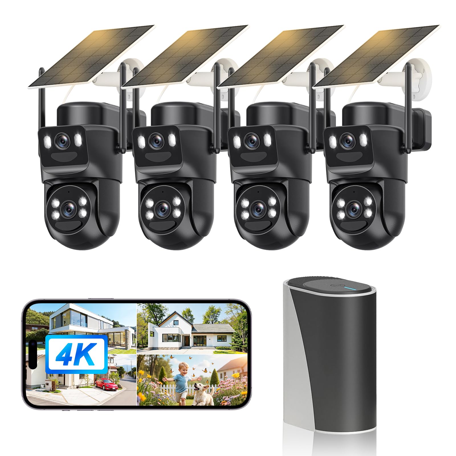 4K Camera Surveillance WiFi Exterieure sans Fil,4 Cam-Kit avec Home Station/Camera Solaire/Double Objectif,360° PTZ Sécurité à Domicile,Vision Vocturne,Alarme,Audio Bidirectionnel,Suivi Automatique