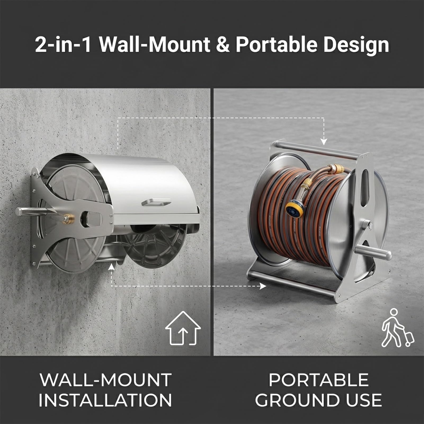 Soporte Manual para Manguera de Jardín, Enrollador de Aluminio Robusto, Capacidad 50m 1/2", Recogida Fácil para Riego Profesional y Uso Doméstico(Without Lid)