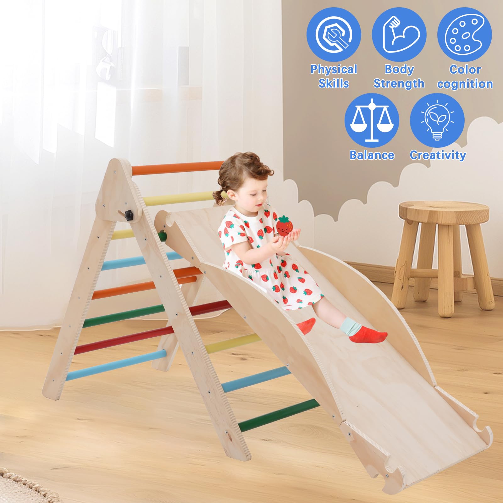 5-in-1 Montessori Kletterdreieck, Klettergerüst Indoor mit Rutsche, Kletterleiter und Zeltdach, Wippe, Faltbares Holz Klettern Spielzeug Indoor Outdoor Set, Indoor Spielplatz 1-5 Jahre