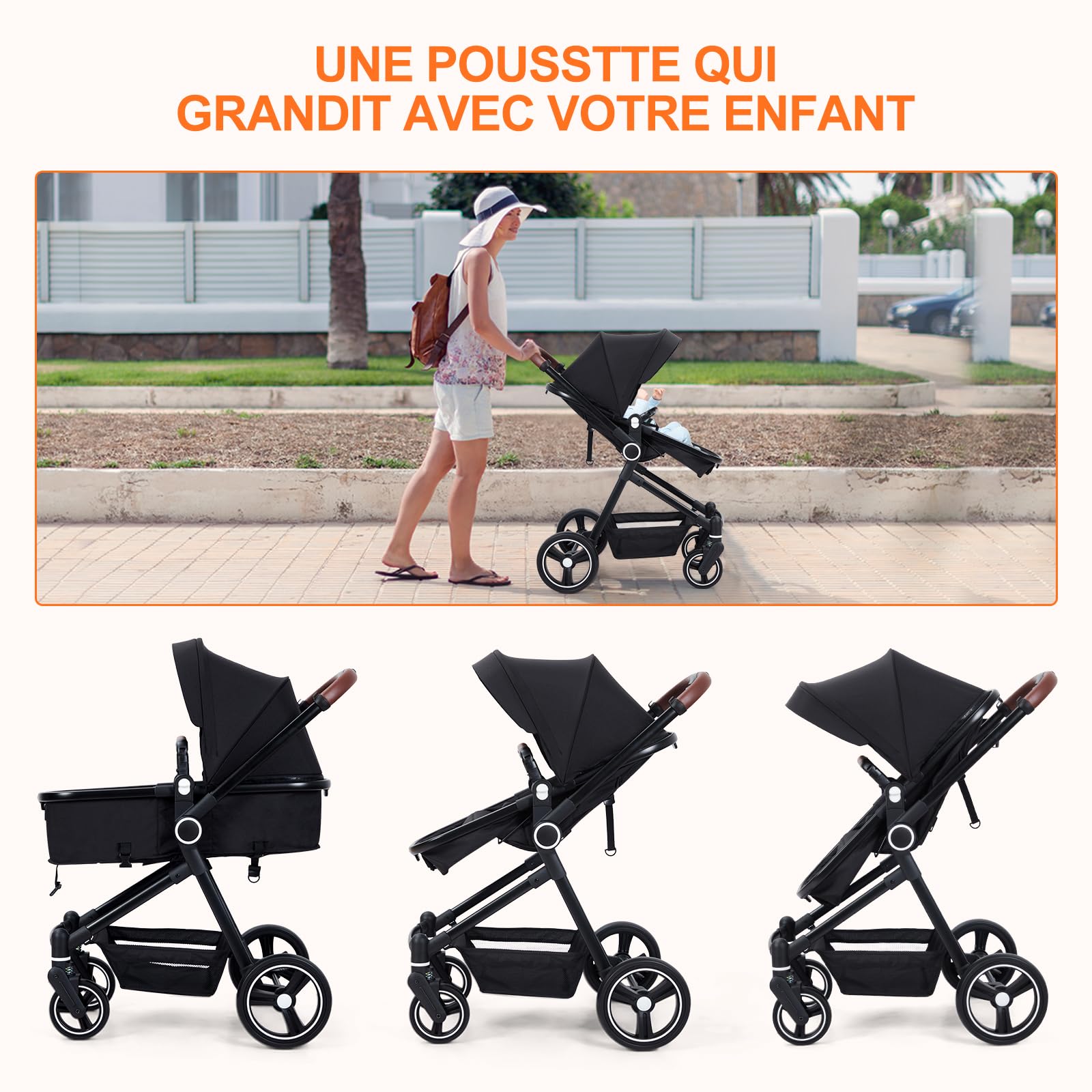 Garvee Poussette Compacte 2 en 1 Système de Voyage Pliable en Un Clic, Cadre en Aluminium pour 0-36 Mois