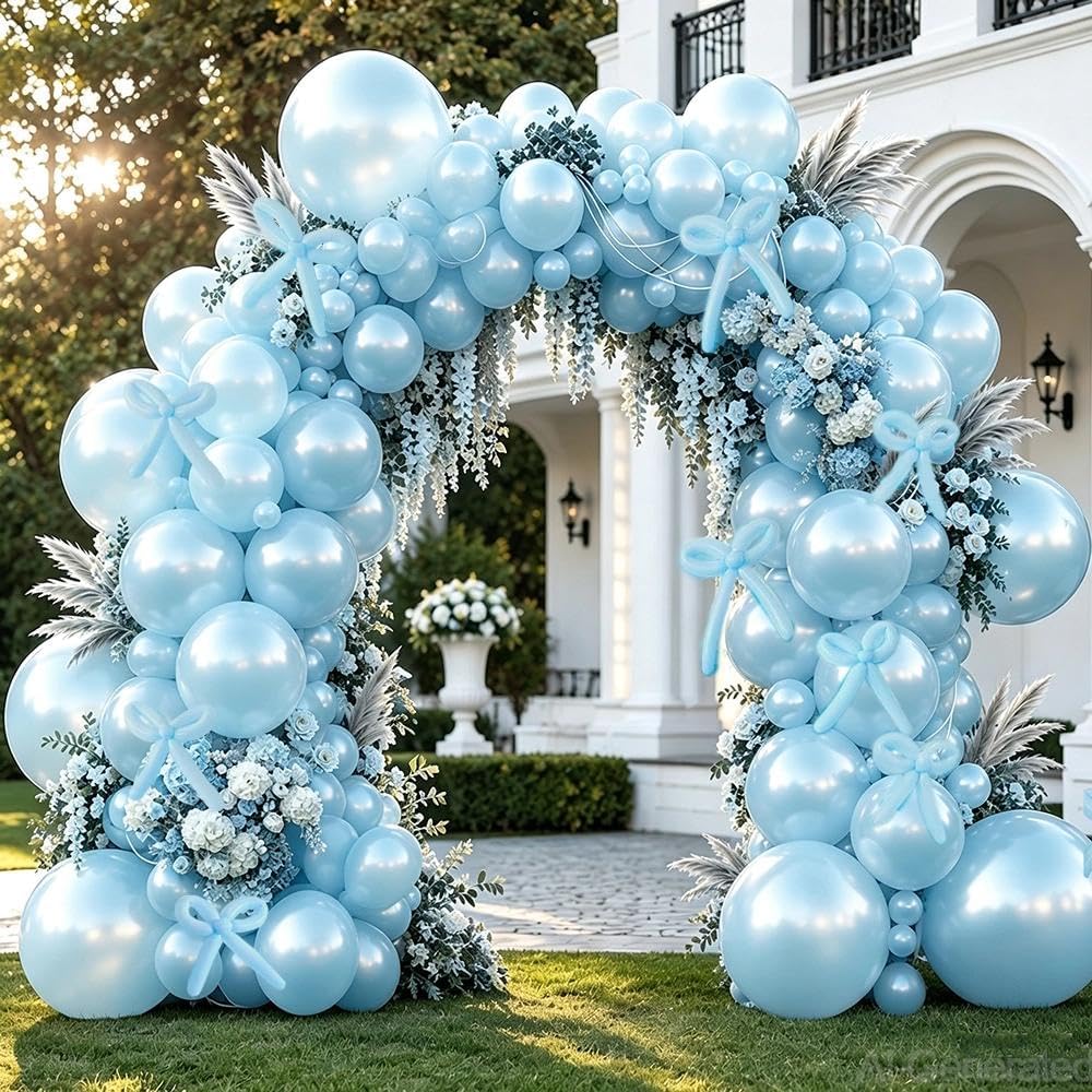 Pearl Blue Balloons Double Stuffed Pastel Light Blue Balloon Arch Kit With Long Balloons for Baby Shower Birthday Bridal Wedding Under The Sea Party Decorations