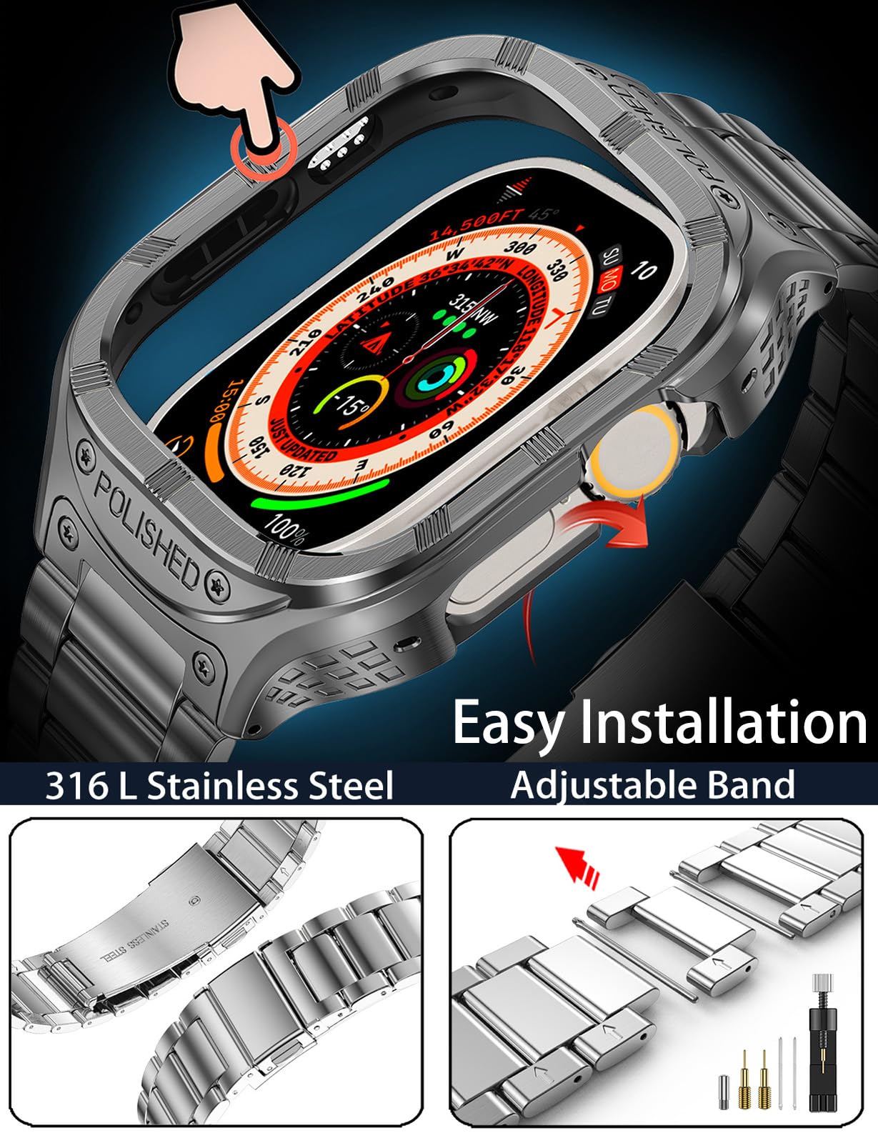 Coque et bracelet en acier inoxydable pour Apple Watch de 45 mm, coque robuste pour Apple Watch avec bracelet iWatch en métal pour homme, séries 9, 8, 7, gris