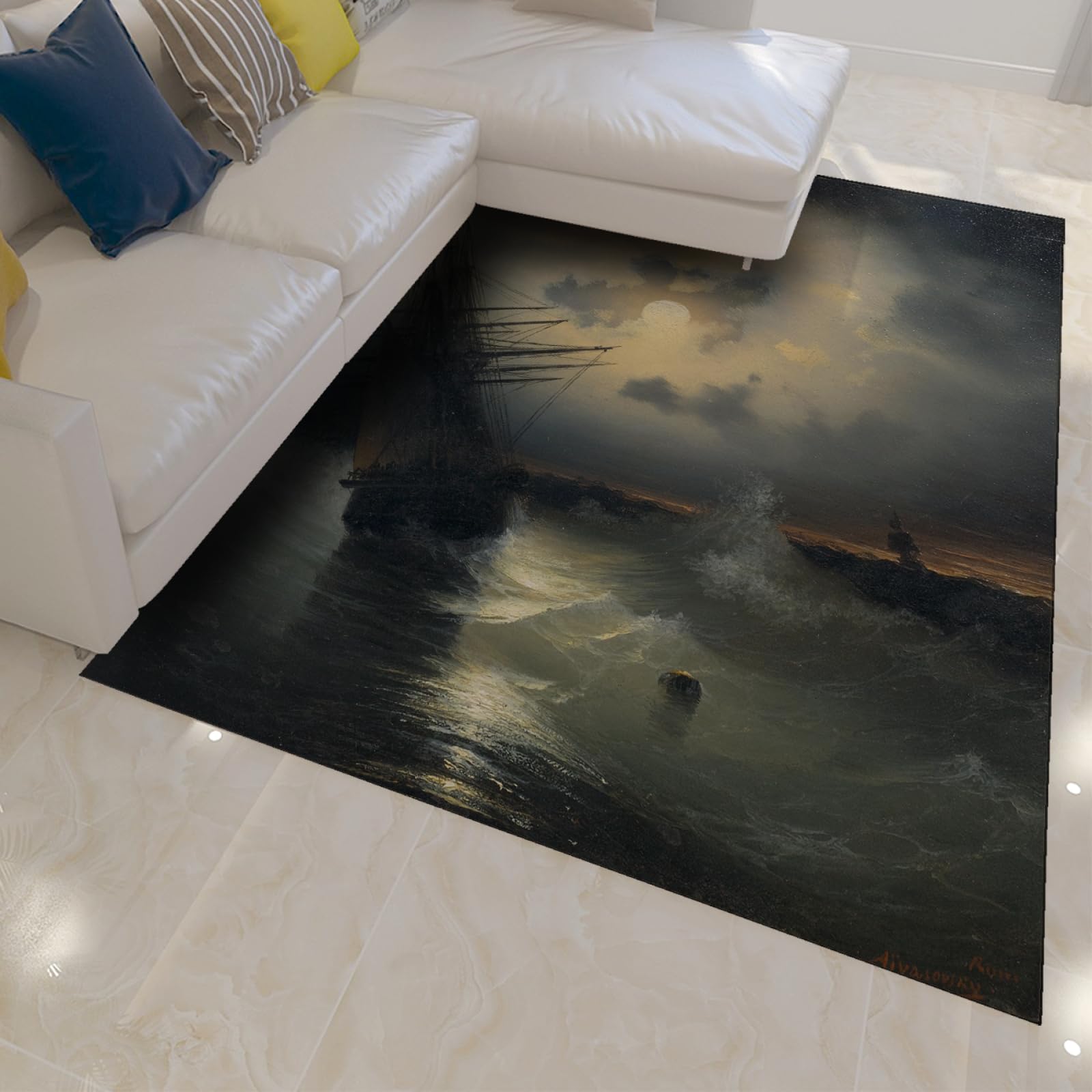 Tapis de zone paysage lavable à faible pile pour chambre style peinture d'art marin 60x90 cm
