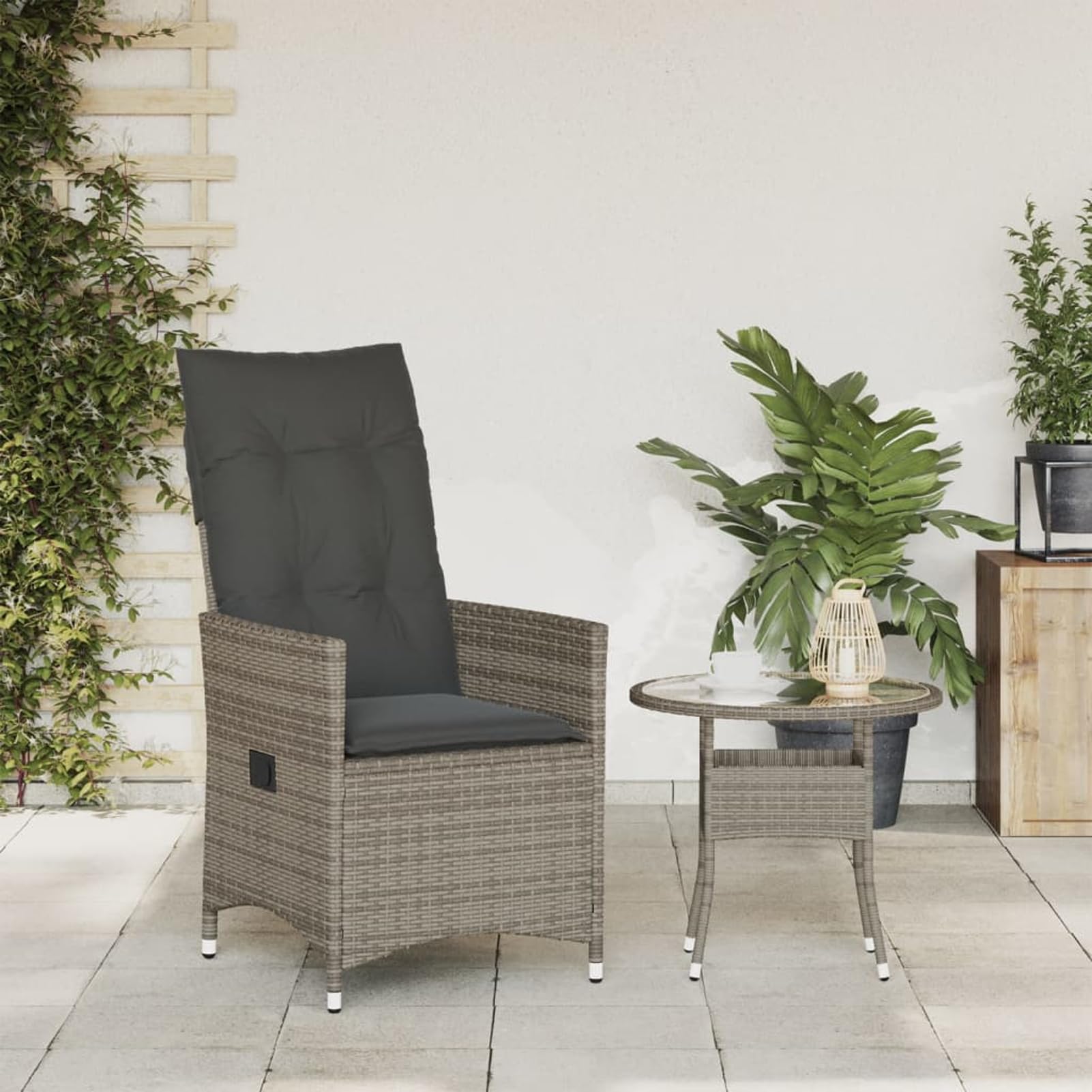 Homgoday Poltrona da Giardino Reclinabile in Rattan PE Grigio con Cuscini, Schienale Regolabile, per Esterno, 110kg