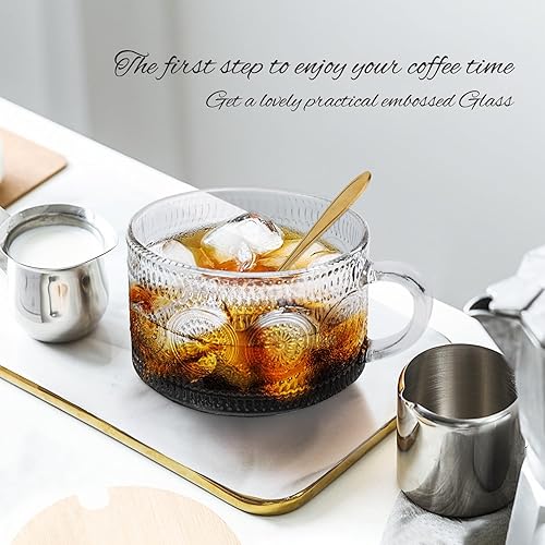 Miniatura 4 de MCleanPin Juego de tazas de café de vidrio vintage, tazas de té transparentes en relieve de 14 onzas, tazas de café con leche, tazas de café para