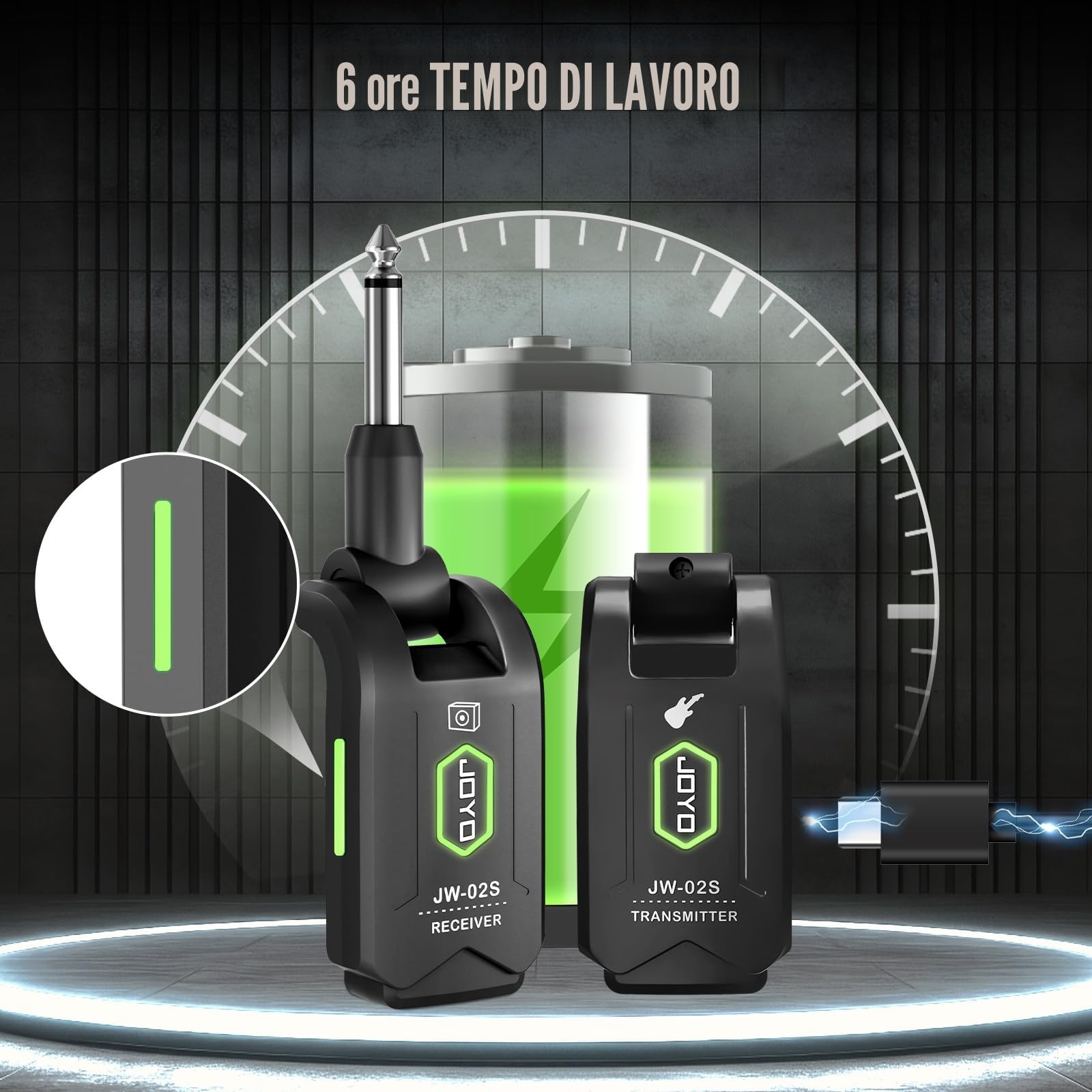 JOYO Sistema di chitarra wireless da 5,8 GHz, ricevitore audio ricaricabile con 4 canali di segnale per chitarra elettrica, basso 20 m (JW-02S)