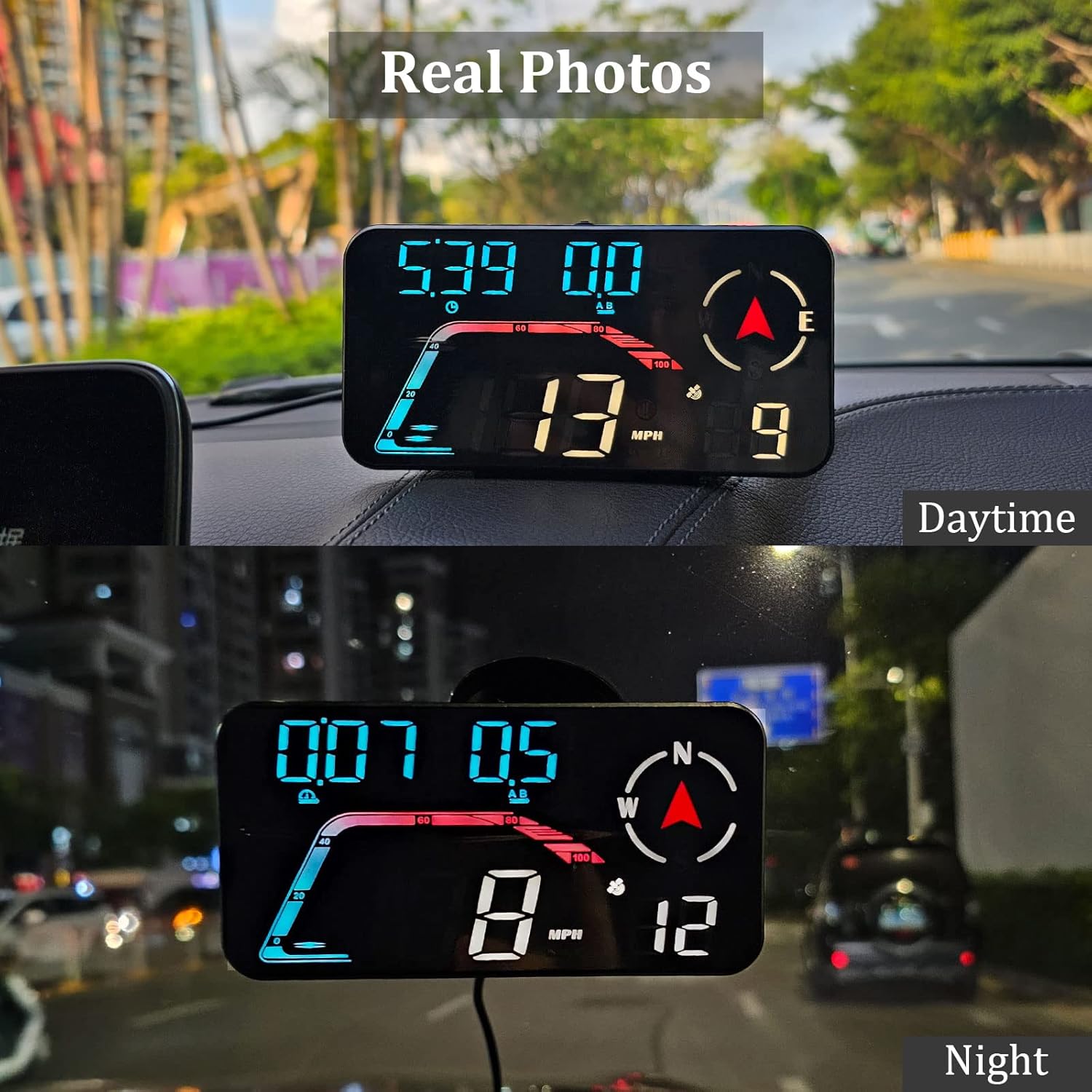 AMROOLOO G12 display showing clear visibility in both daytime and nighttime conditions