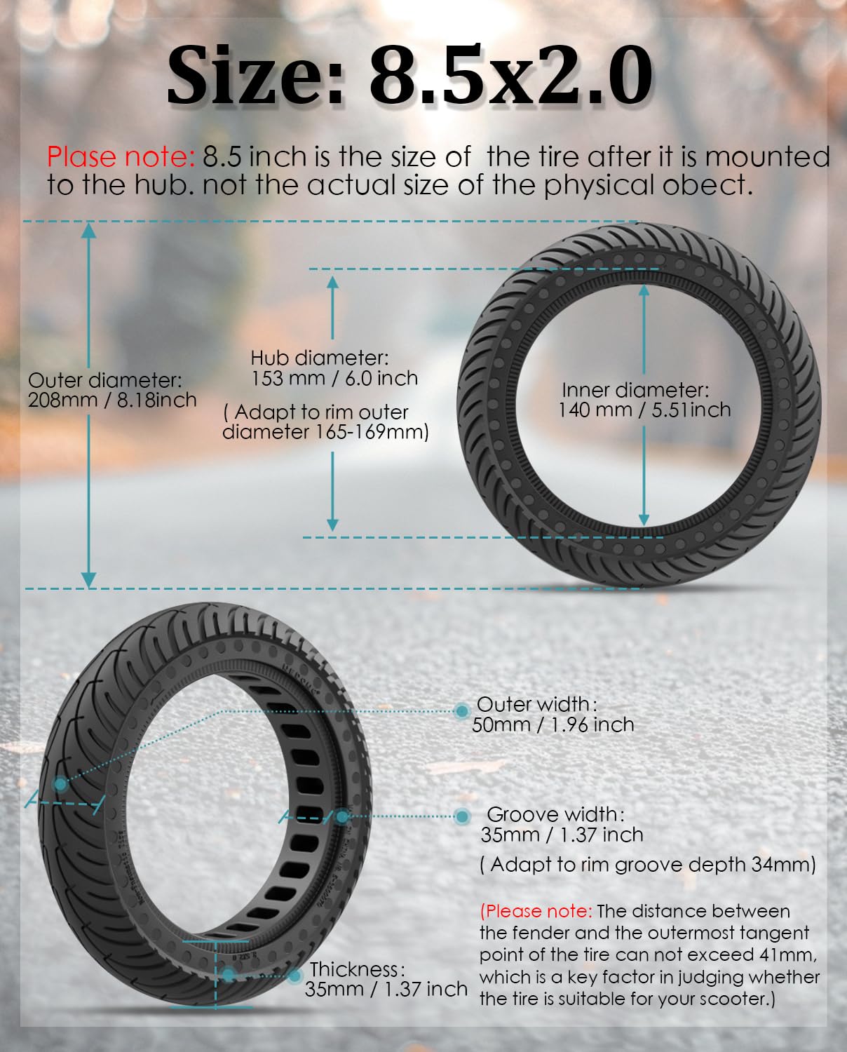 GYL 50/75-6.1 Scooter Tire Solid: 8.5 Inch Tubeless Tires for Hover 1 Pioneer Journey Jive Aovopro ES80 Hiboy S2 Gotrax GXL V2 Rival XR Apex XL Electric Scooter, 8 1/2'' Replacement Wheel Black 1 Pcs