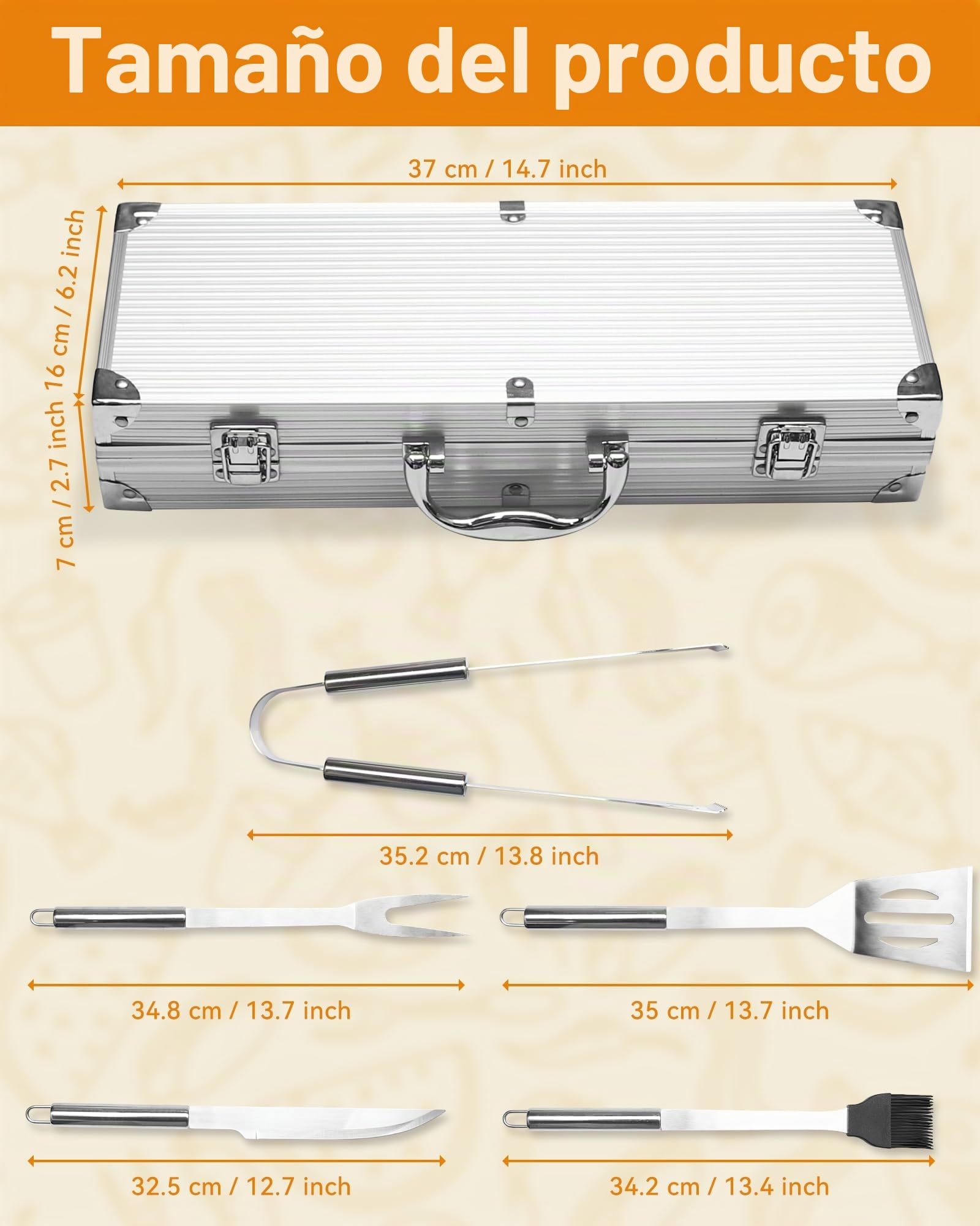 Set de Barbacoa Profesional de Acero Inoxidable 5 Piezas - Utensilios Barbacoa Kit Accesorios de Barbacoa Regalo para Hombres, 37x12x7 cm maletín de Aluminio Ideal para barbacoas y Cocina