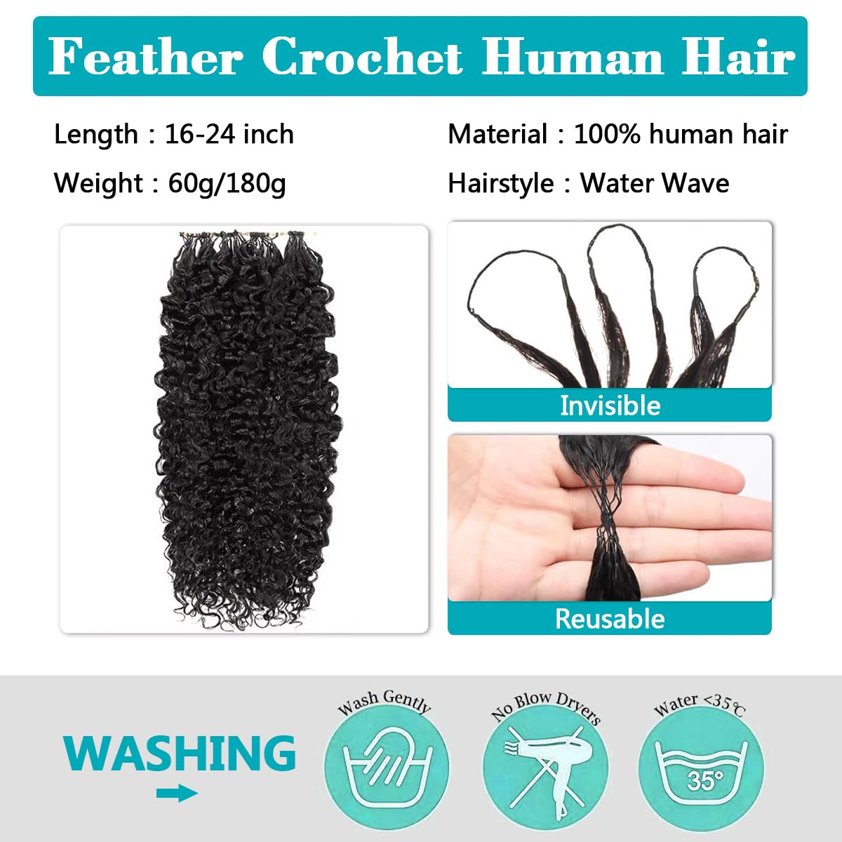 Extensions de cheveux humains au crochet à plumes, 100 % cheveux humains 180 g, 144 mèches, pré-séparés, cheveux au crochet pour femmes noires, bouclés, invisibles, 45,7 cm