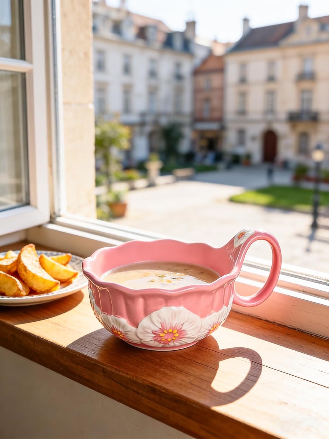 silesia Handmade Ceramic Soup Bowl with Spoon, 30 Oz Hand Painted Bowl with Loop Handle, Floral Design Cereal Bowls for Soup, Ice cream, Snack, Microwave & Dishwasher Safe (Pink)