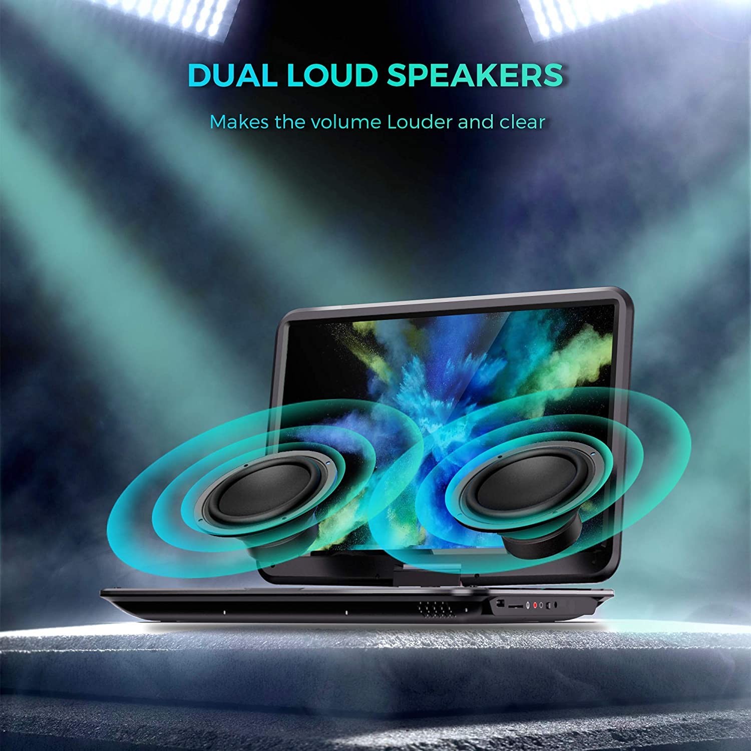 SUNPIN Reproductor de DVD portátil 15,6" pantalla HD giratoria 17,9" altavoces estéreo batería recargable 6h