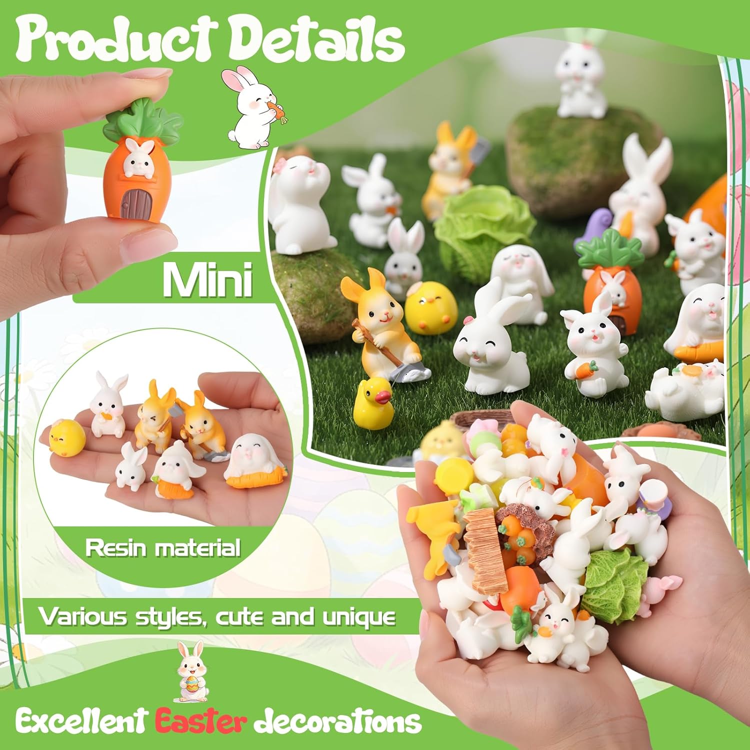 52 Pcs Easter Mini Resin Figurines, Miniature Sculptures Small Farm Bunny Chick Fairy Garden Decor for Egg Stuffers Gift Fairy Garden Cake Topper Decor
