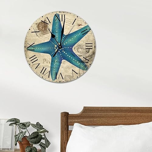Miniatura 293 de ArogGeld Reloj de pared con diseño de estrella de mar antigua francesa, de cloruro de polivinilo, con números romanos, de 10 pulgadas, funciona