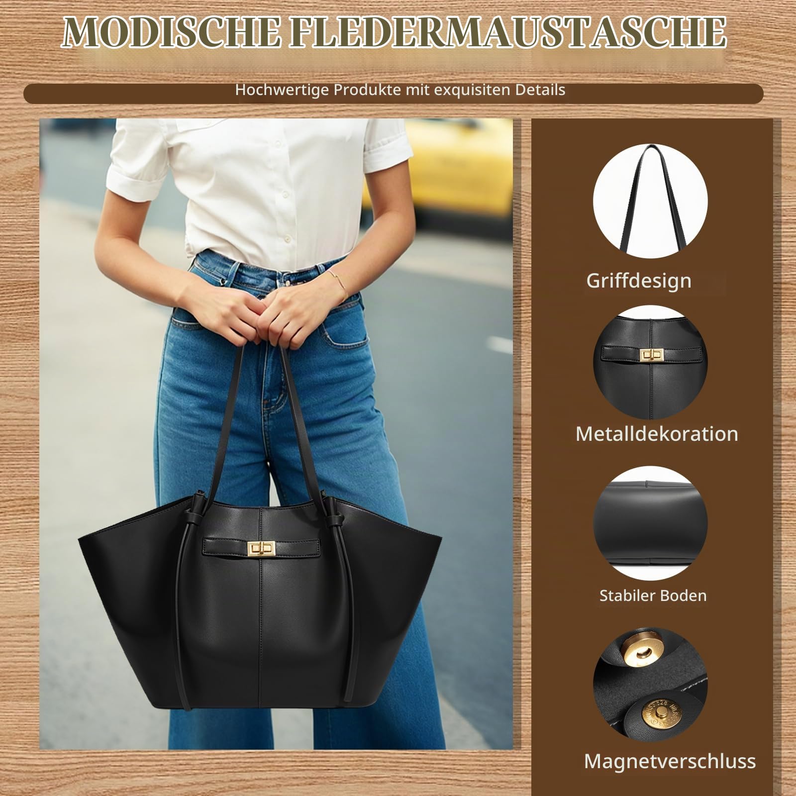 Tote Bag Damen, Shopper Tasche Damen Groß, Large Shoulder Handbag mit Abnehmbarer Schlaufe, Vintage Tasche für Arbeit Einkauf Reisen Büro