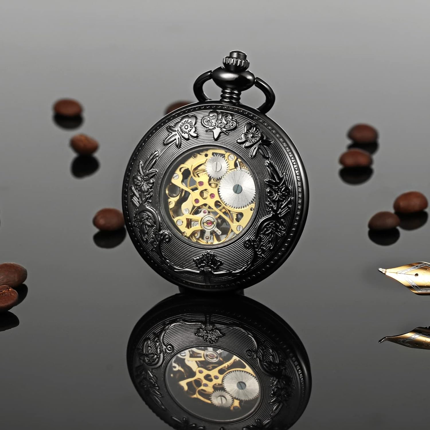TREEWETO Men's Mechanical Skeleton Pocket Watch Phoenix Dragon Hollow Black Case with Chain + Box Gift for Man