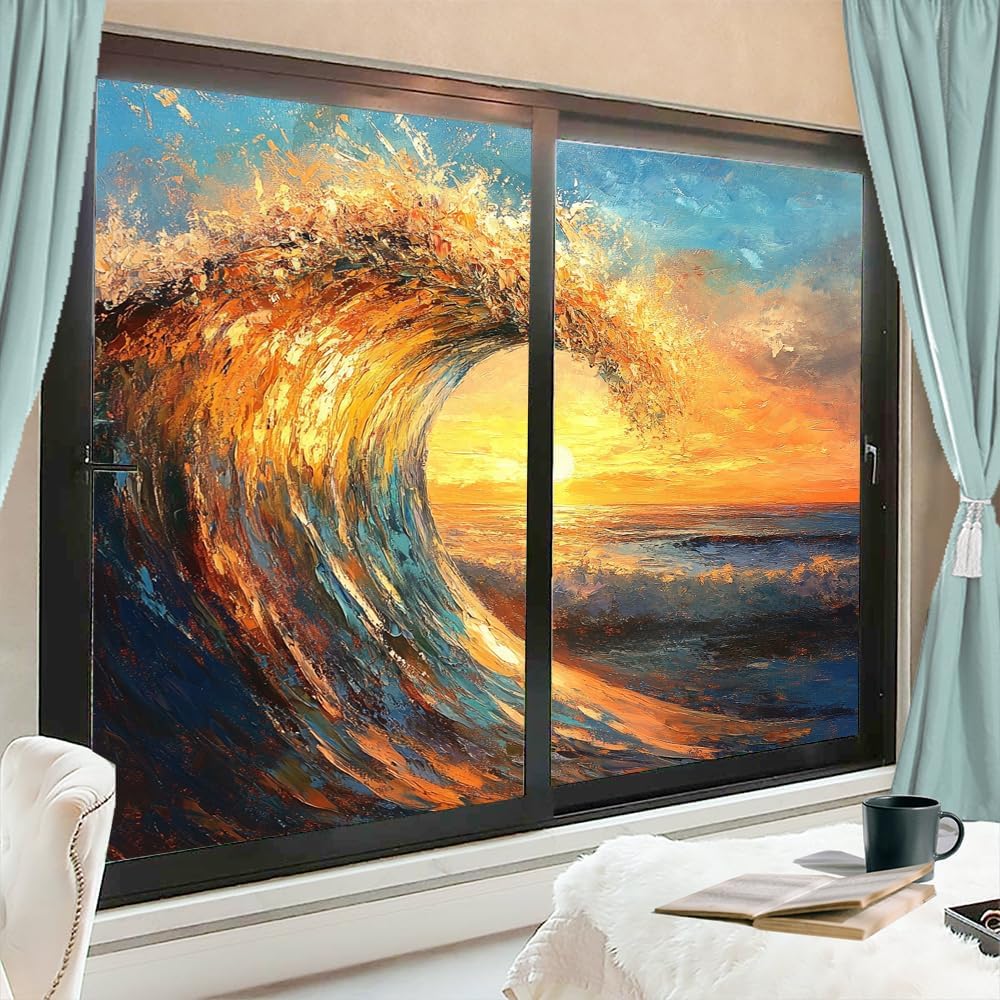Sunset Ocean View Window Film Privacy Modern Beautiful Waves Decorative Stained Glass Decal for Home, Adhesive Window Sticker 35.4Wx63L inch x 2pcs