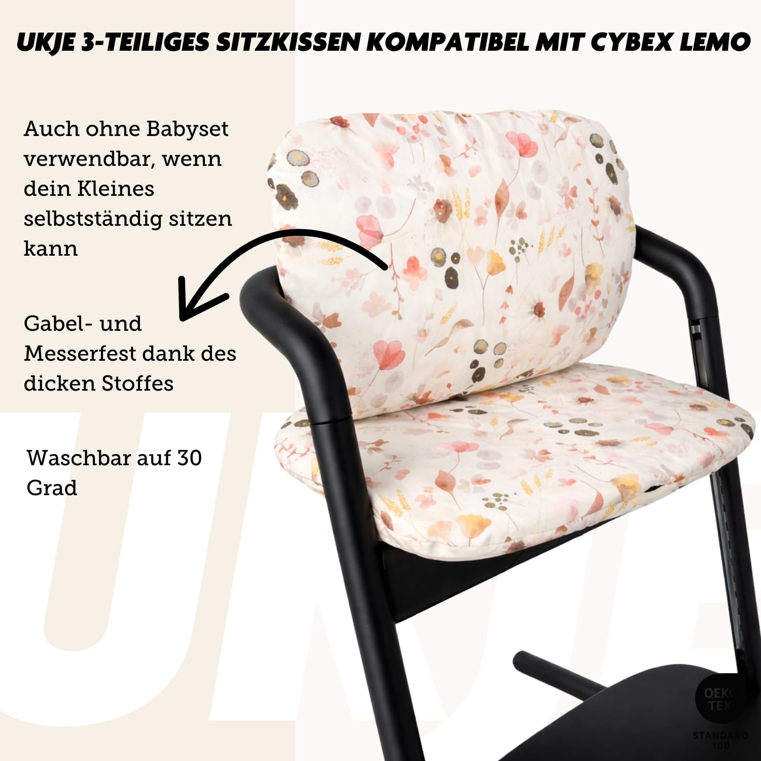 Ukje 3 Stück Kissen kompatibel mit CYBEX Lemo - Dickes - Atmungsaktives Baumwollgewebe 100% Oeko-Tex Baumwolle - Wasserdichtes Futter - Handgefertigt in EU (Flowers)