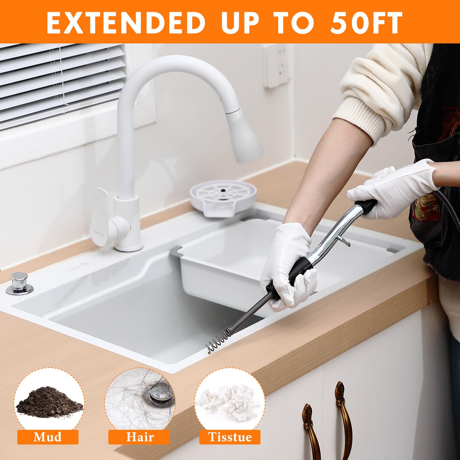 Threlaco Serpiente de fontanería de 50 pies para bloqueos profundos y pesados de 3/8 pulgadas de diámetro, cables de fontanería flexibles para cocina, baño, ducha, fregadero, limpieza, obstrucciones