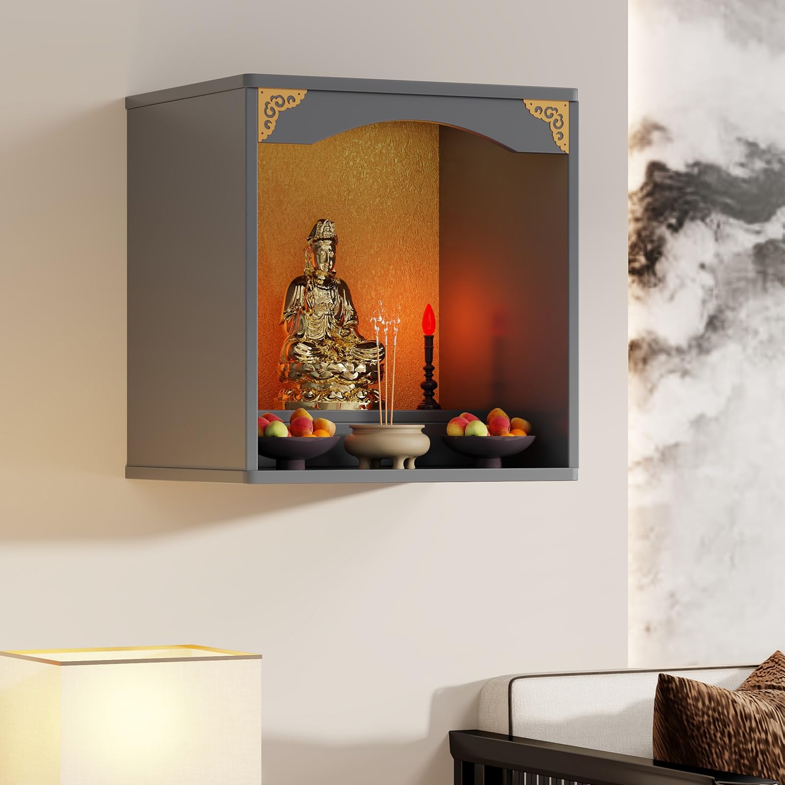 JNTFNE Wall-Mounted Shrine Altar Table，Tabletop Chinese Feng Shui Guan Gong Yin Pooja Statue Display Stand，With door Alter Cabinet(Gray,40 * 40 * 60cm/15.7 * 15.7 * 23.6in)