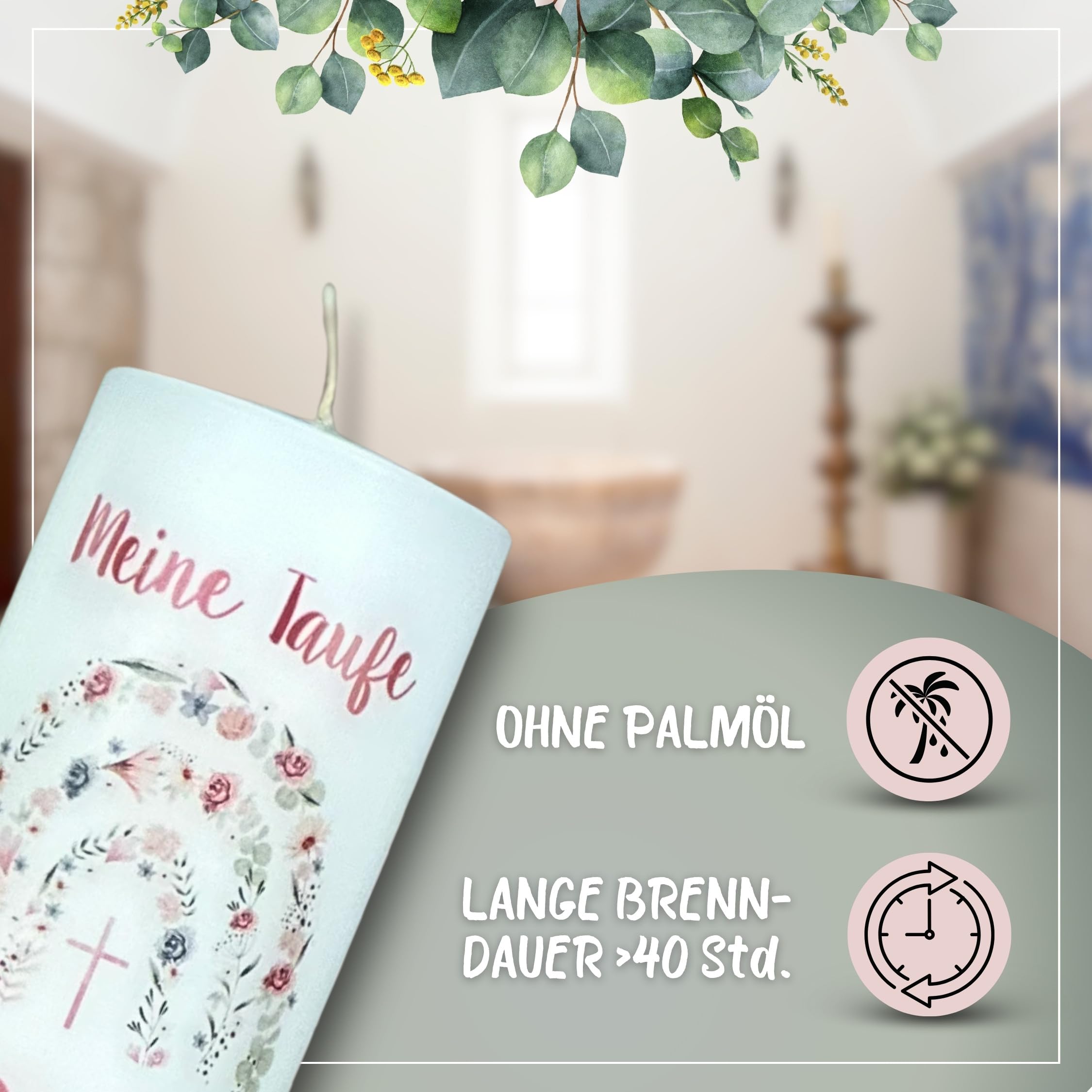 Taufkerze Kommunion Regenbogen mit Blumen und Kreuz - Mit Wunschnamen - Geschenk zur Taufe für Jungen & Mädchen – Handarbeit mit Vintage Spitze & Schleife in rosa (25x7cm)