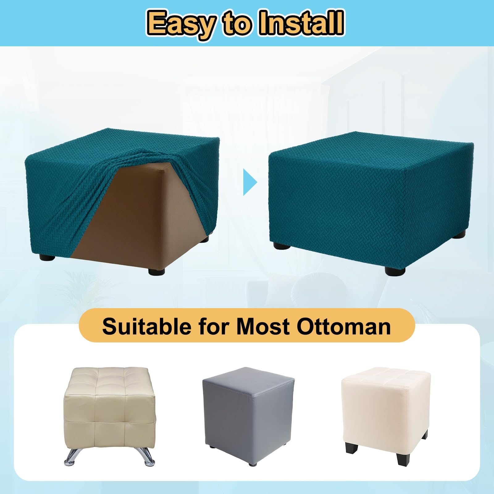 sourcing map Housse de ottomane en sergé extensible avec élastique pour repose-pieds, salon, chambre à coucher, longueur 57 à 70 cm, taille M, bleu sarcelle