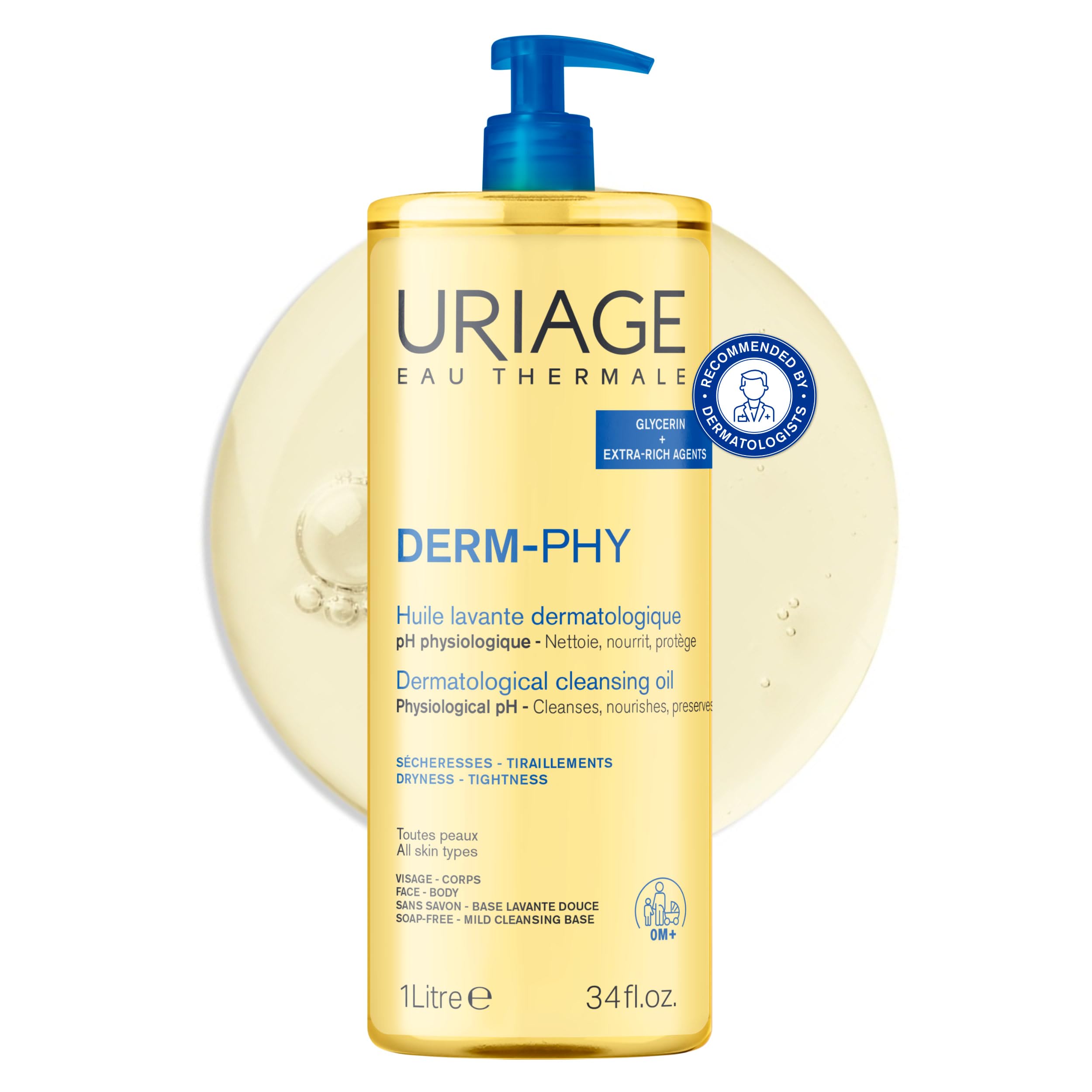 Uriage Derm-Phy - Olio da doccia da 1 l, detergente per viso, corpo, pelli secche, sensibili, pulisce, nutre, previene l'essiccazione, 25% glicerina, agenti extra ricchi, pH fisiologico, senza sapone