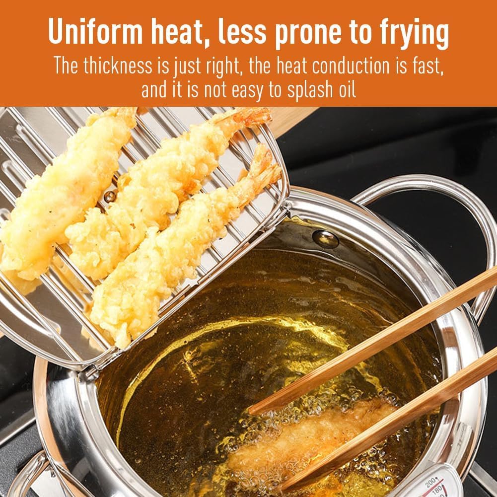 Stainless Steel Deep Fryer Pot with Thermometer 304 Tempura Frying Pan, Flat Bottom Stove Top Japanese Style Cookware with Lid, 20cm for Home Kitchen