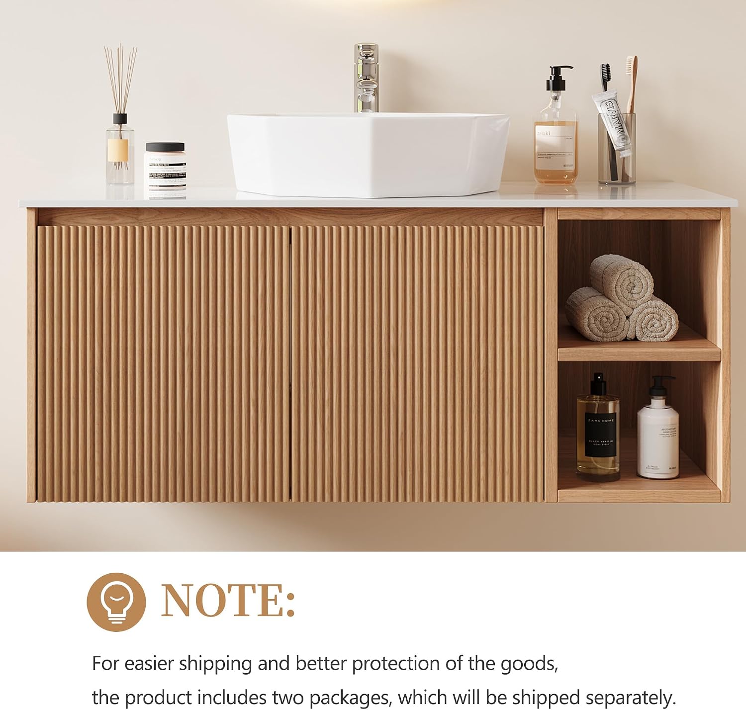 36" Floating Bathroom Vanity with Sink Combo, Mid-Century Modern Wall Mounted Bathroom Cabinet Set with Storage, Ceramic Basin, Light Walnut (Diamond-Shaped Pure White Ceramic Sink)