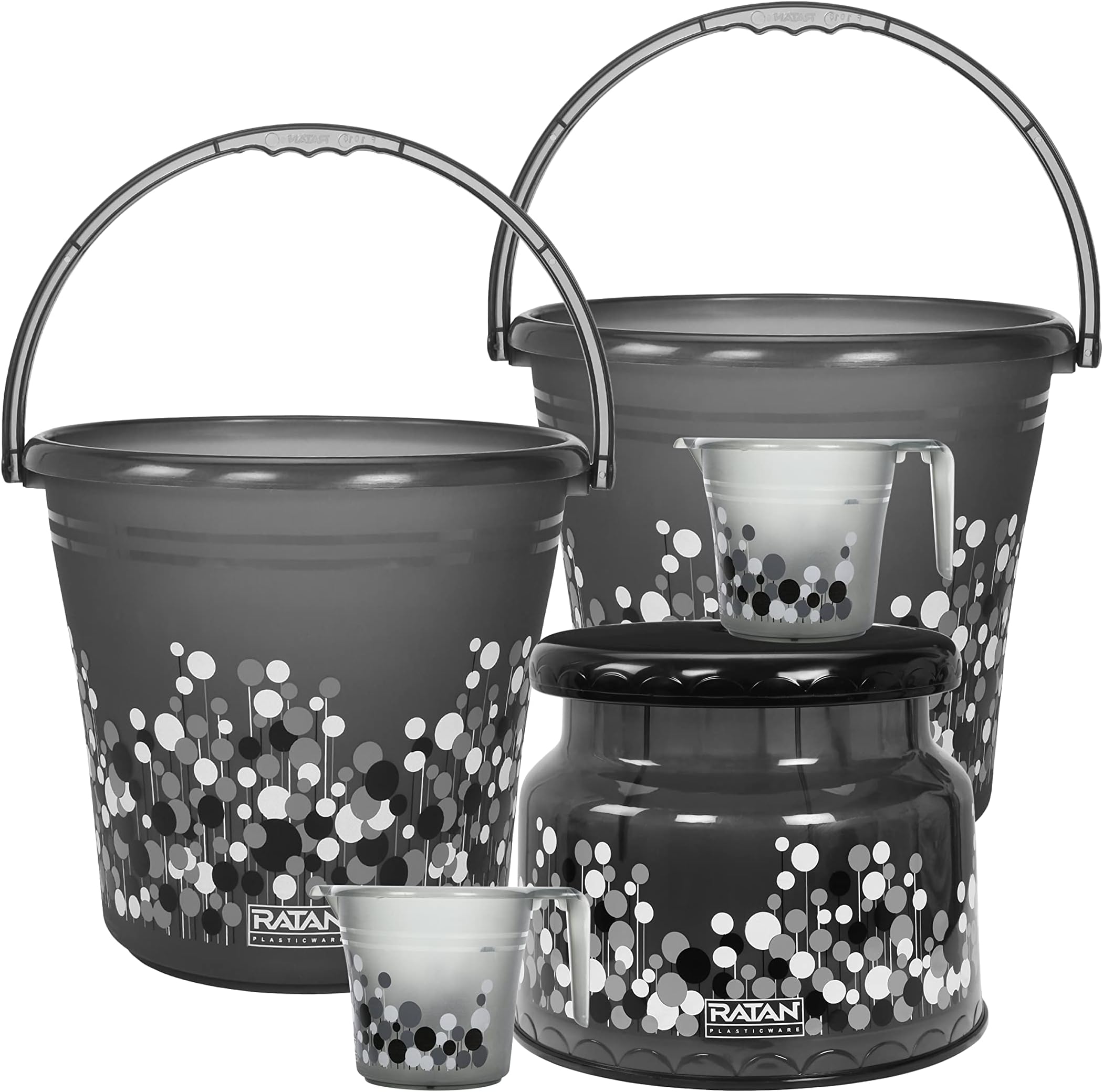 RATAN PLASTICWAREPlastic Bathroom Set of 5 Combo Set for Home, Hotel, Hostel Bubble Print,Smokey (20L Bucket X 2/1.5L Mug X 2 / Nova Patla Stool 107 X 1)