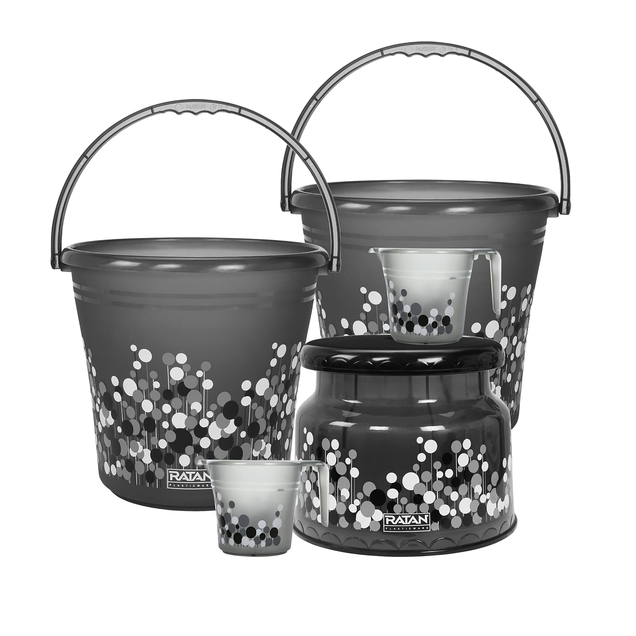RATAN PLASTICWAREPlastic Bathroom Set of 5 Combo Set for Home, Hotel, Hostel Bubble Print,Smokey (20L Bucket X 2/1.5L Mug X 2 / Nova Patla Stool 107 X 1)