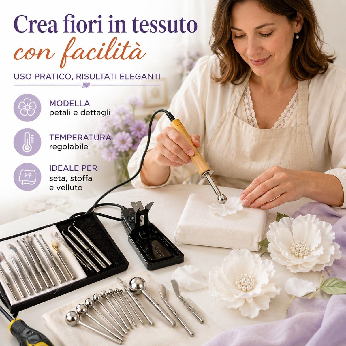 Creatore Elettrico per Fiori in Tessuto con 25 Punte e Accessori, Temperatura Regolabile, Strumento per Modellare Petali e Stirare Fiori Artificiali Fai da Te
