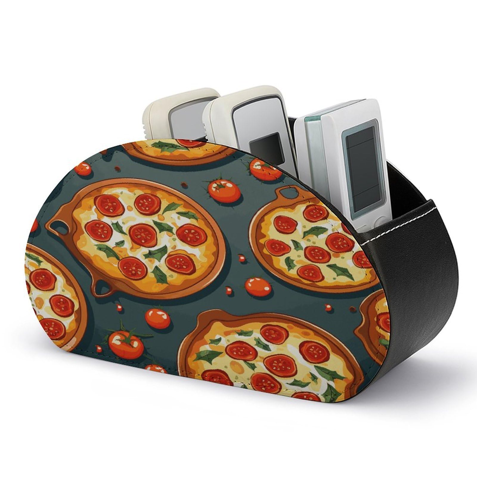 LDGSUPH Pizza Food Remote Control Holder with 5 Compartments PU Leather TV Remote Caddy Storage Box Multi-functional Desk Storage Organizer Box Anti-slip Desktop Caddy