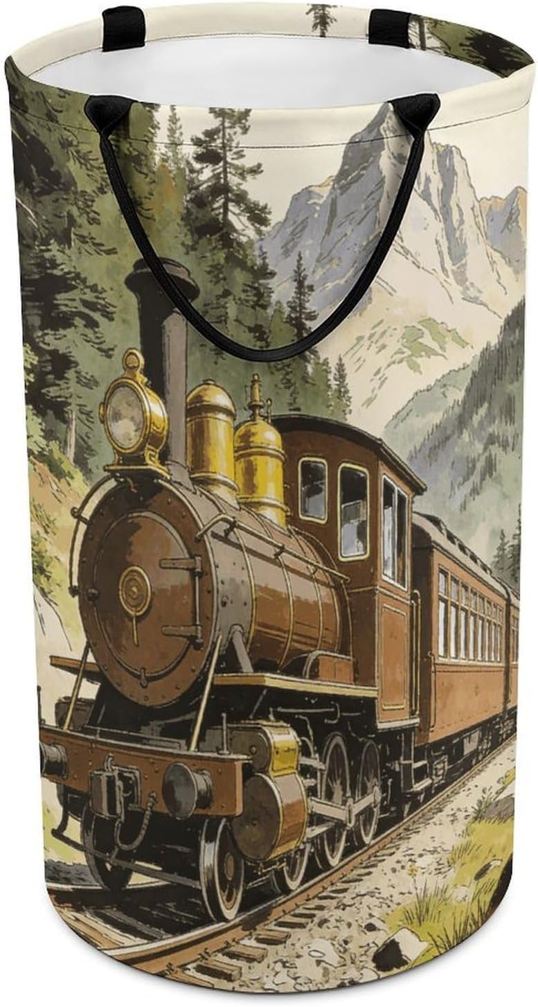 Train Laundry Hamper with Handles Waterproof Collapsible Laundry Basket Large Lightweight Round Dirty Clothes Hamper for Home Dorm Bathroom Decor