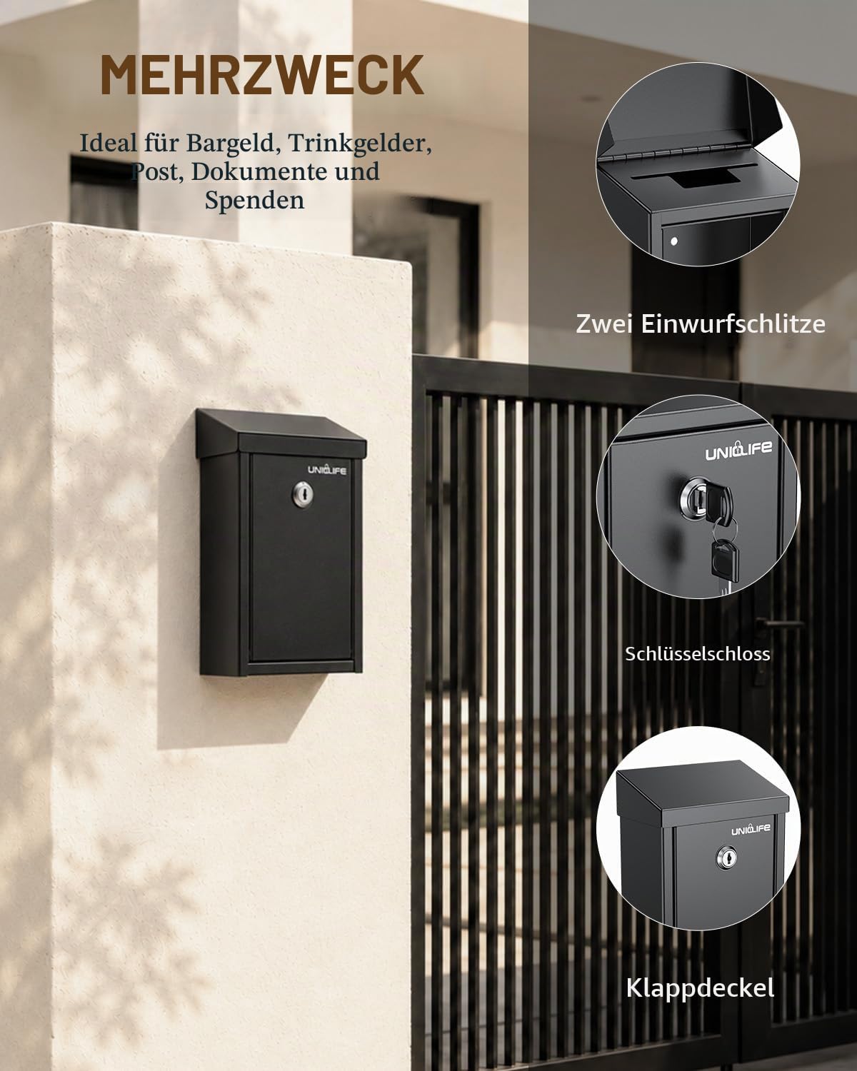 Uniclife Briefkasten Schlüsselkasten für den Außenbereich, Metall Spendensammelbox mit Schlüsselschloss, sichere Vorschlagsbox Einwurfschlitz, Geldkassette Stahl für Home Office und Business
