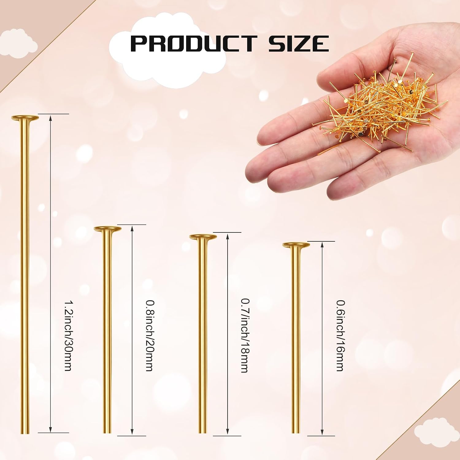 Junkin 2800 Pieces Flat Head Pins for Jewelry Making DIY, Head Pins Set 0.63 Inch, 0.71, 0.79, 1.18 Inch Earring Bracelet Pendant Jewelry Making (Gold)